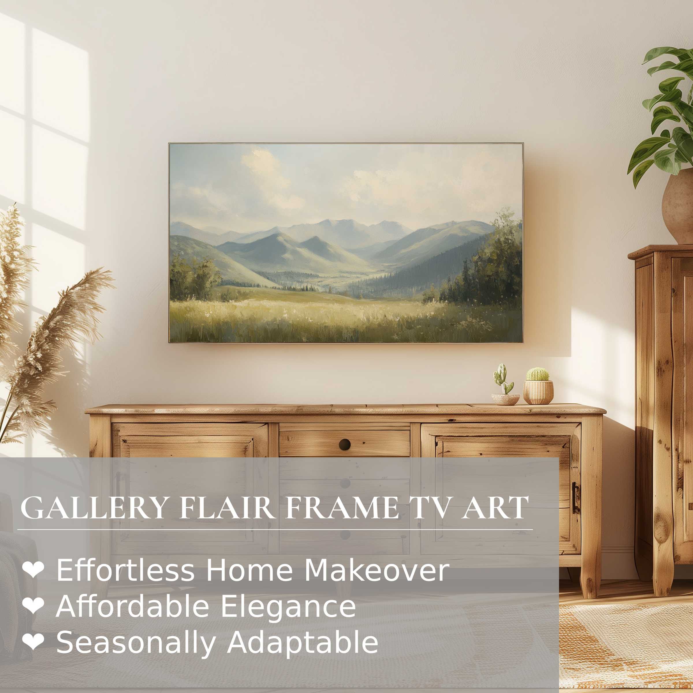 Samsung Frame TV displays serene summer digital artwork of soft mountains, perfect for elegant home decor