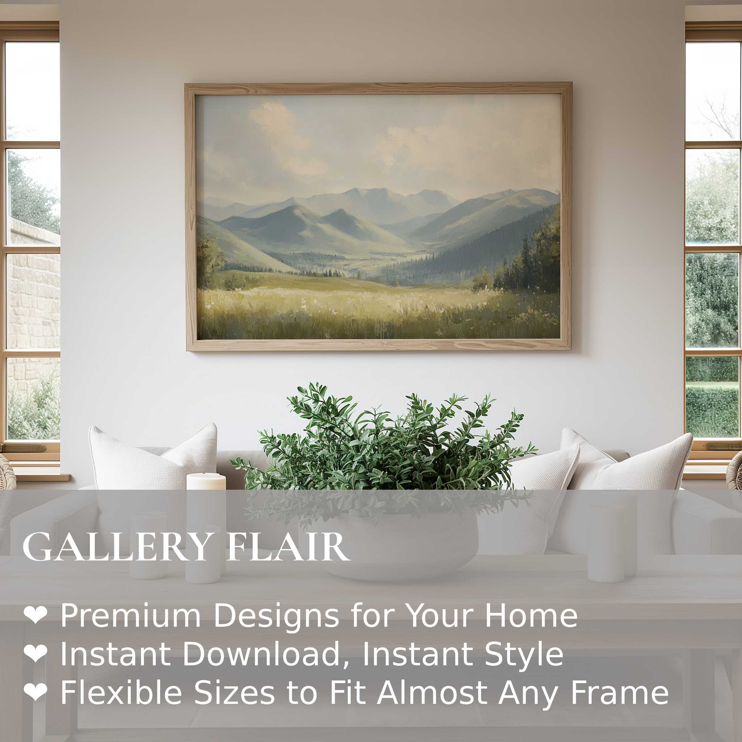 Summer wall art print featuring serene mountain landscapes in soft, calming tones enhances this modern, minimalist living space with natural warmth and tranquility
