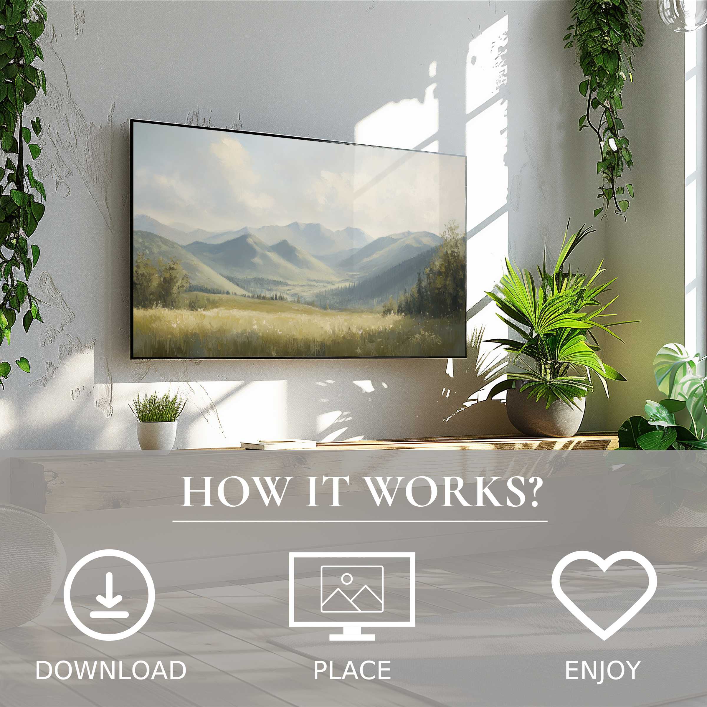 Summer art for Samsung TV shows soft green valley tones; easy digital download enriches serene, modern living spaces