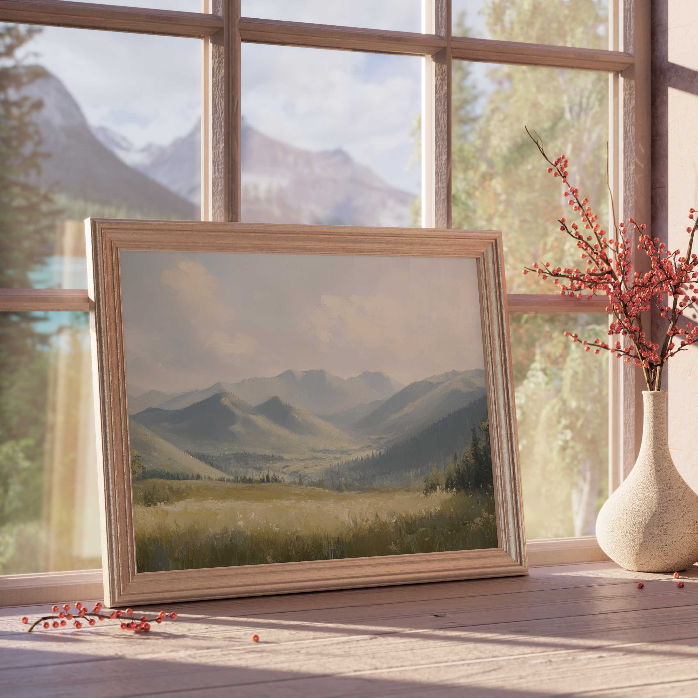 Summer downloadable art capturing serene mountain valleys bathed in warm light, elevating tranquil, design-forward interiors
