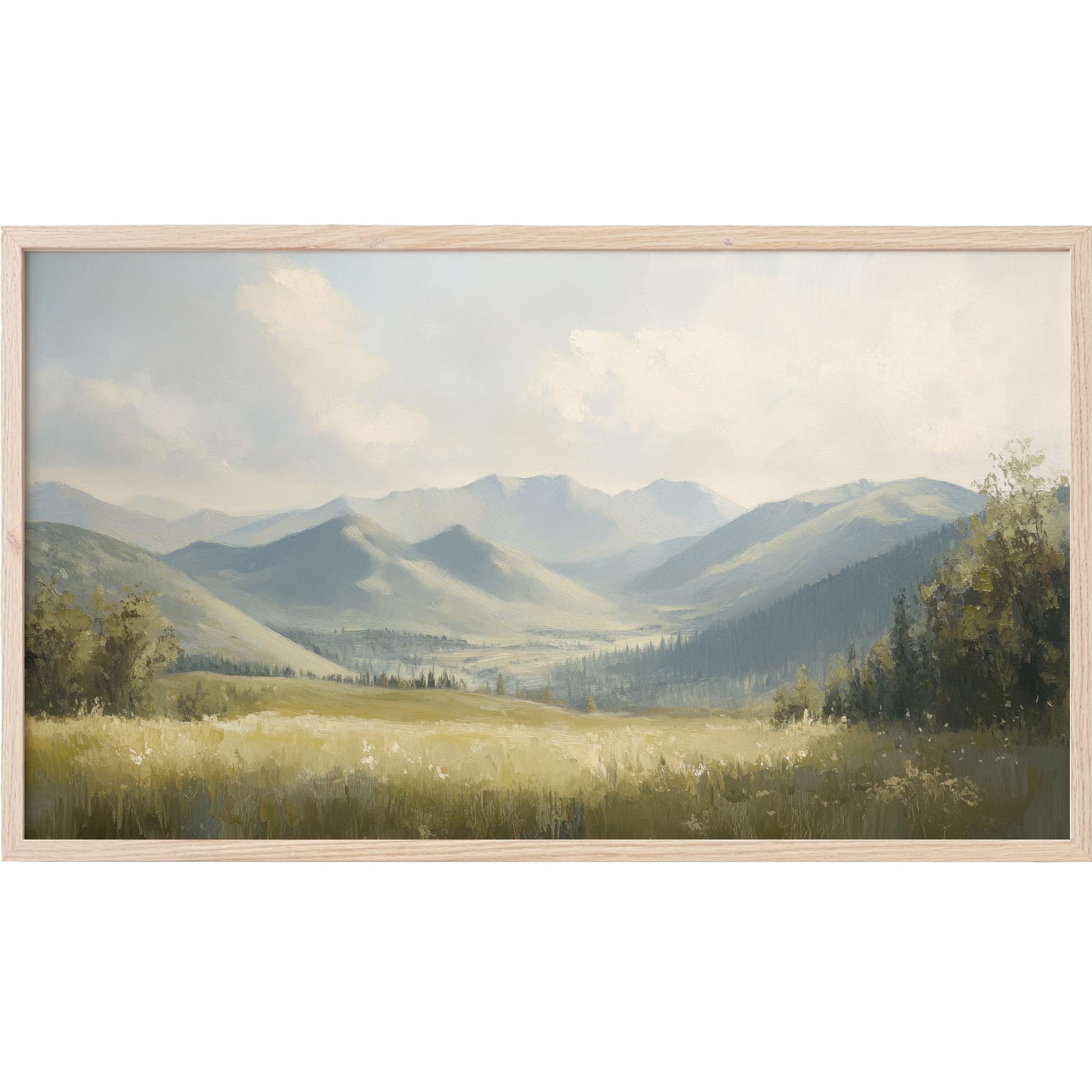 Tranquil mountain valley in soft greens and blues with light clouds, an elegant summer Frame TV Art for refined spaces