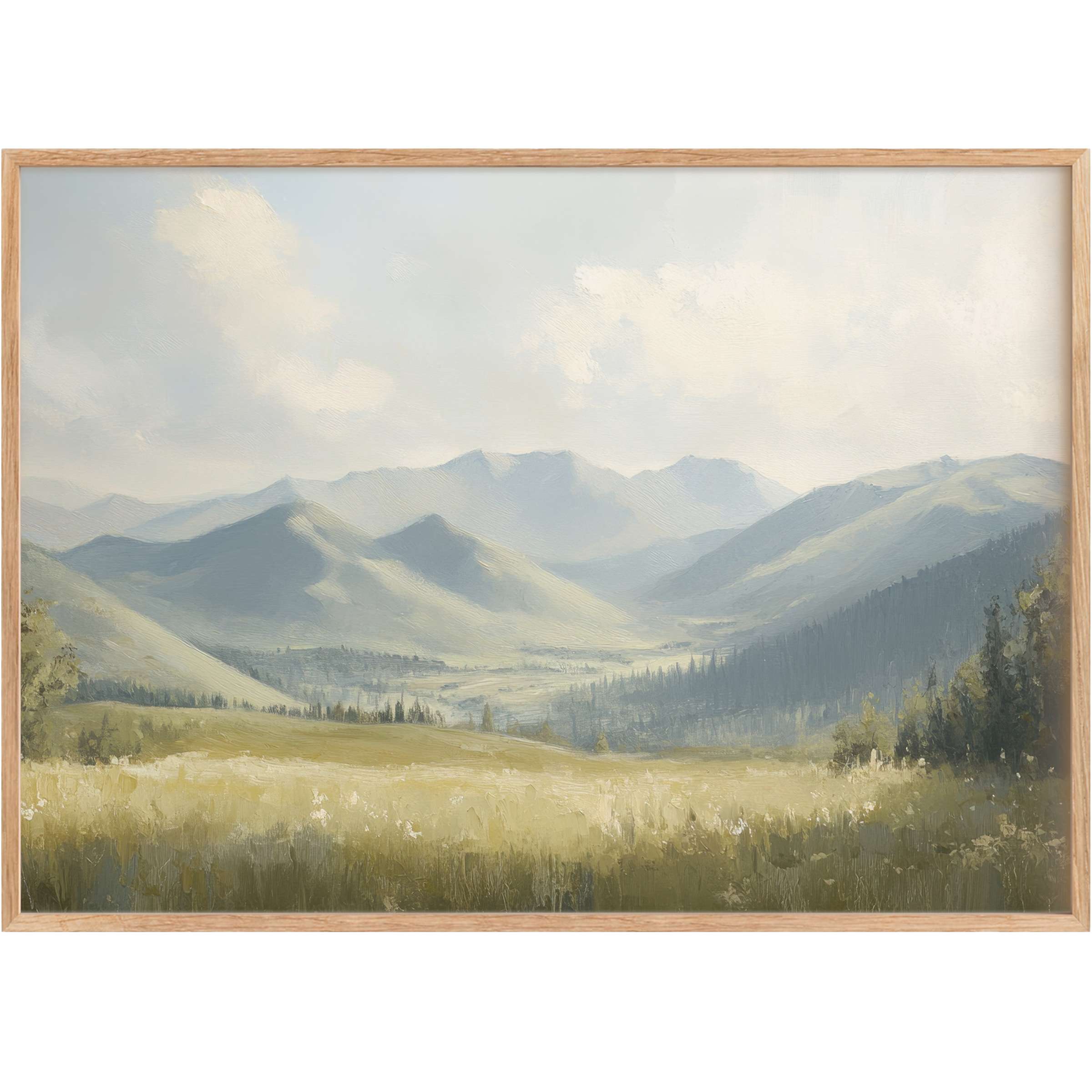 Serene summer printable wall art capturing misty blue mountains and sunlit golden meadows, evoking calm and timeless elegance