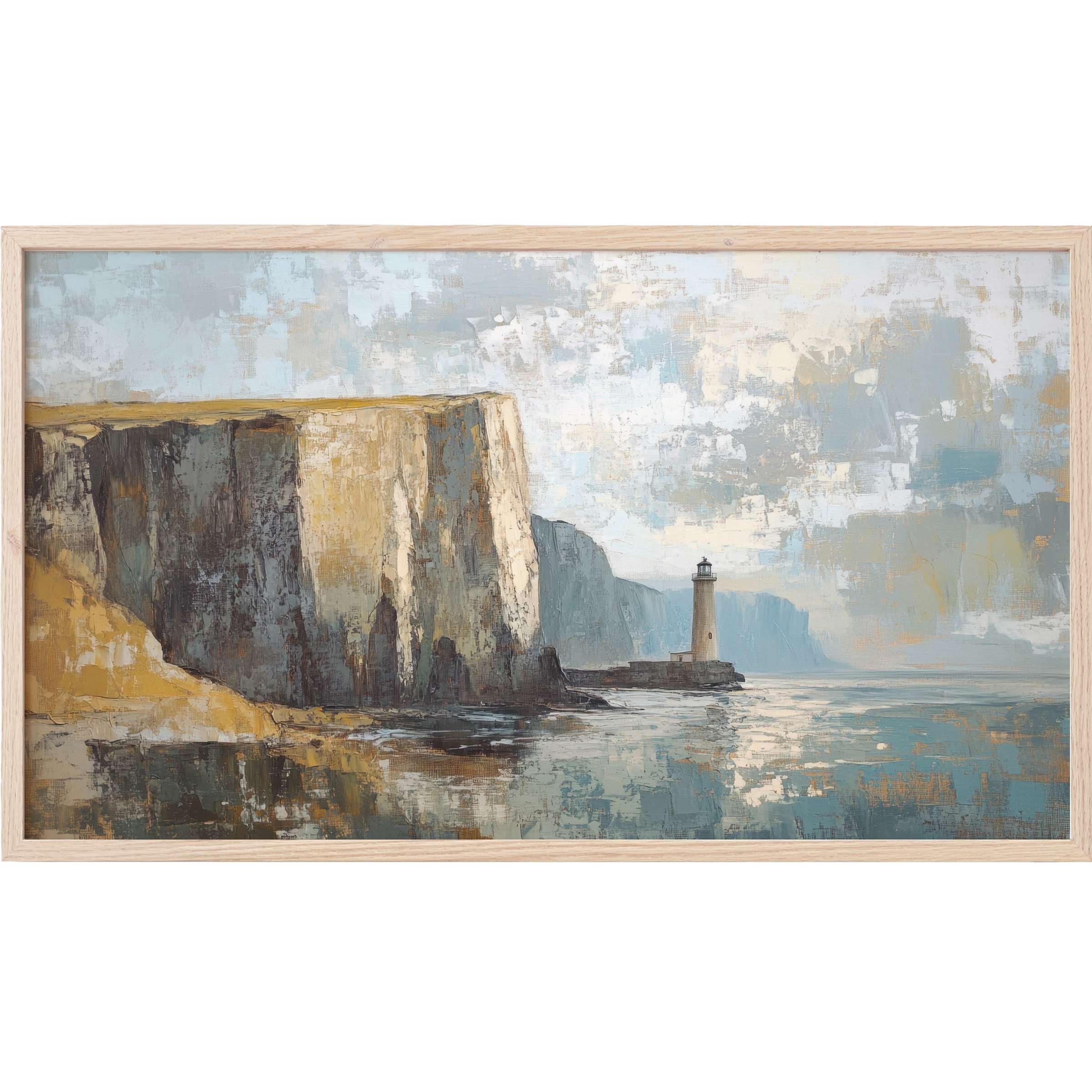Vintage Frame TV Art showing textured cliffs and lighthouse in muted blues, greys, and warm earth tones for sophisticated decor