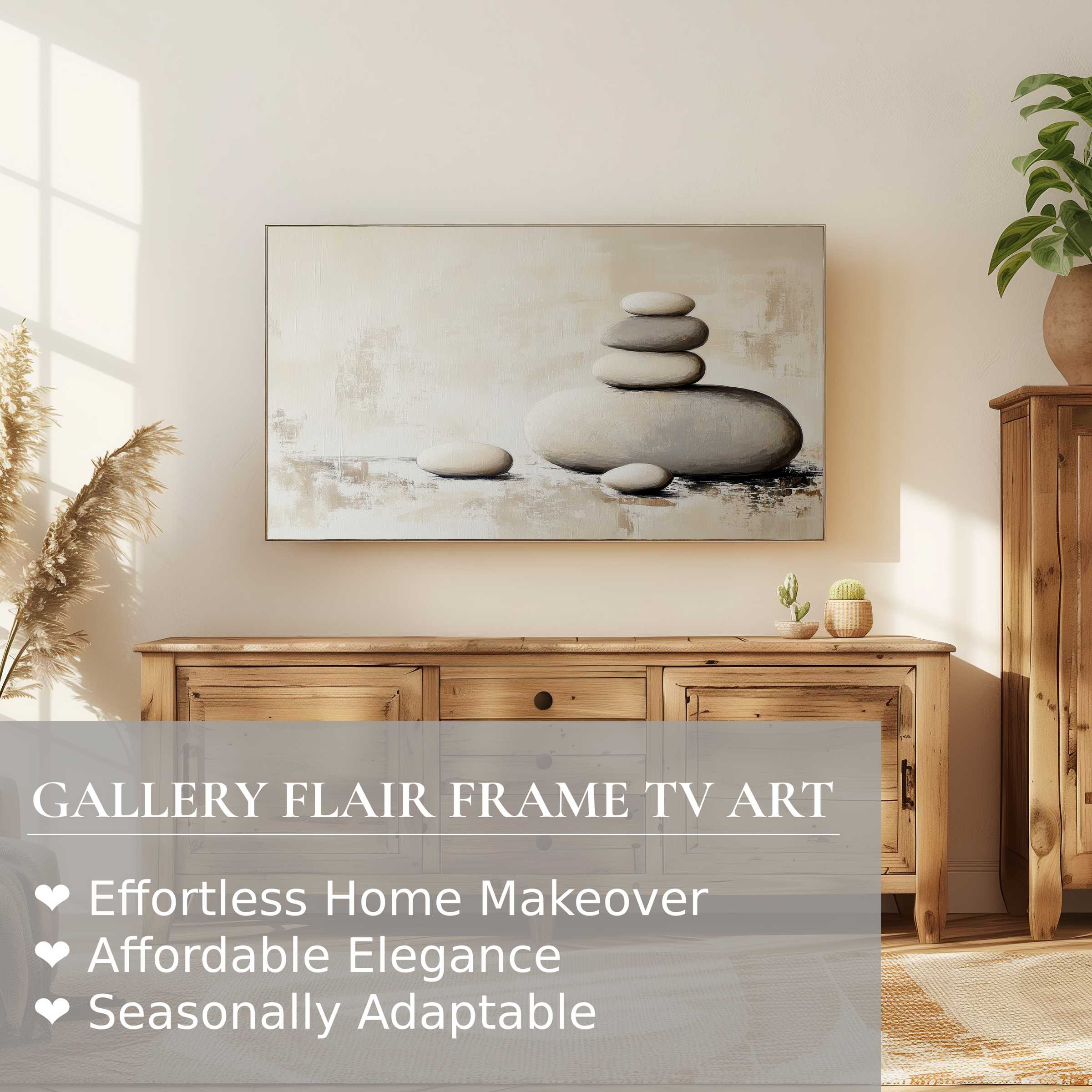 Contemporary living room with warm wood tones and neutral digital artwork on Samsung Frame TV, serene and elegant ambiance