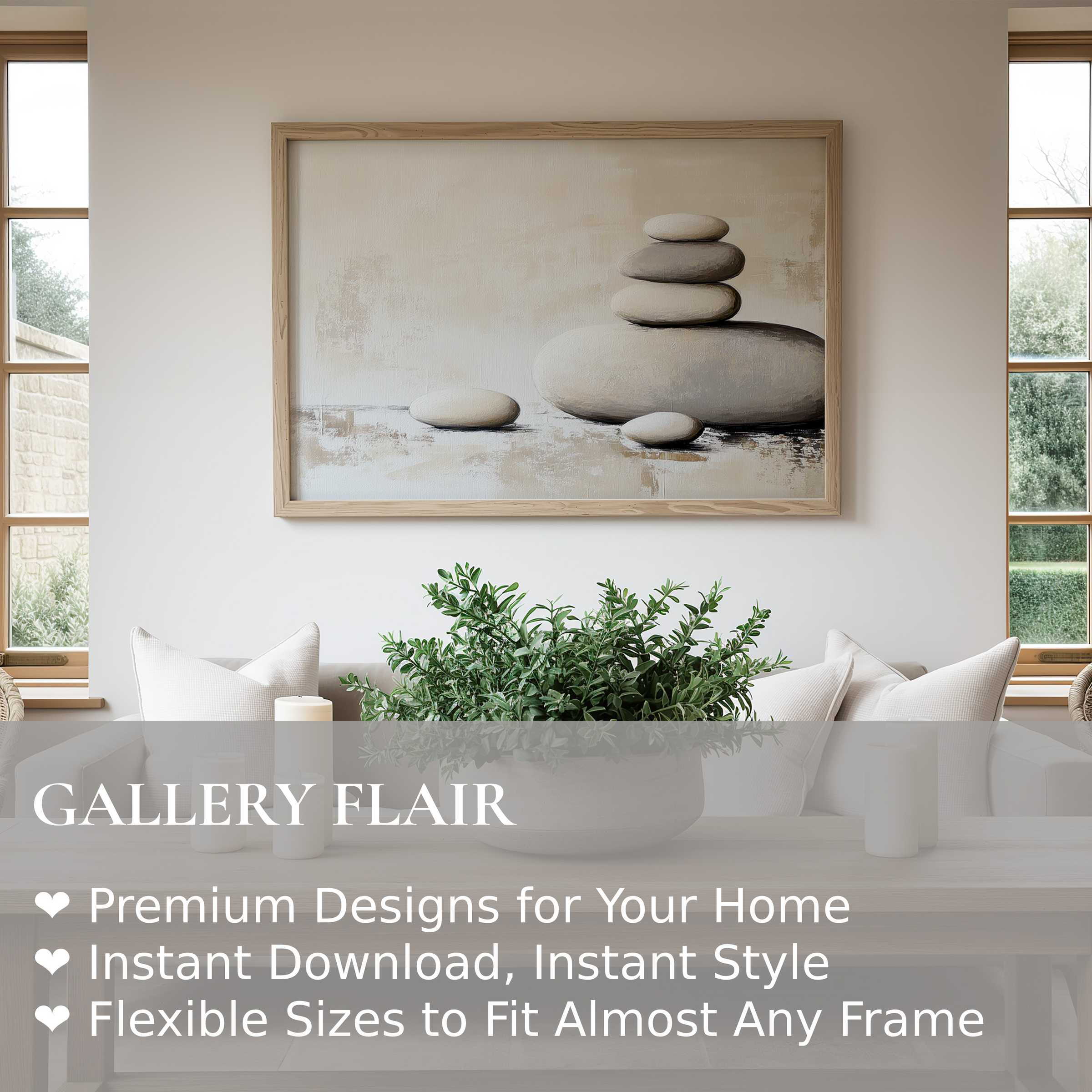 Neutral wall art print featuring balanced, smooth stones evokes calming serenity in a modern, minimalist living room This elegant composition enhances tranquil interiors with soft, natural tones and subtle texture, perfect for refined home decor and Zen-inspired spaces