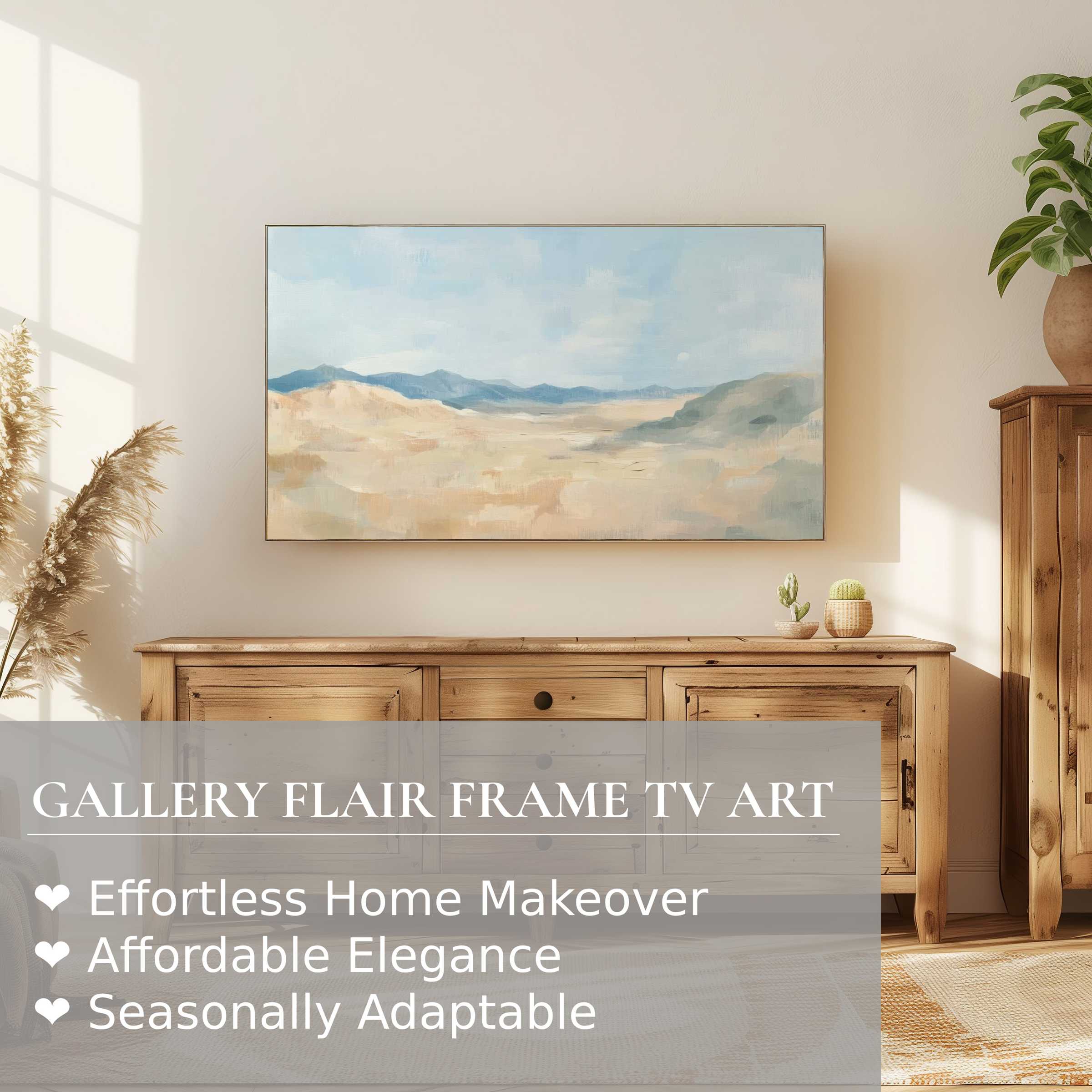 Samsung Frame TV displaying serene landscape digital artwork, blending modern elegance with warm natural decor