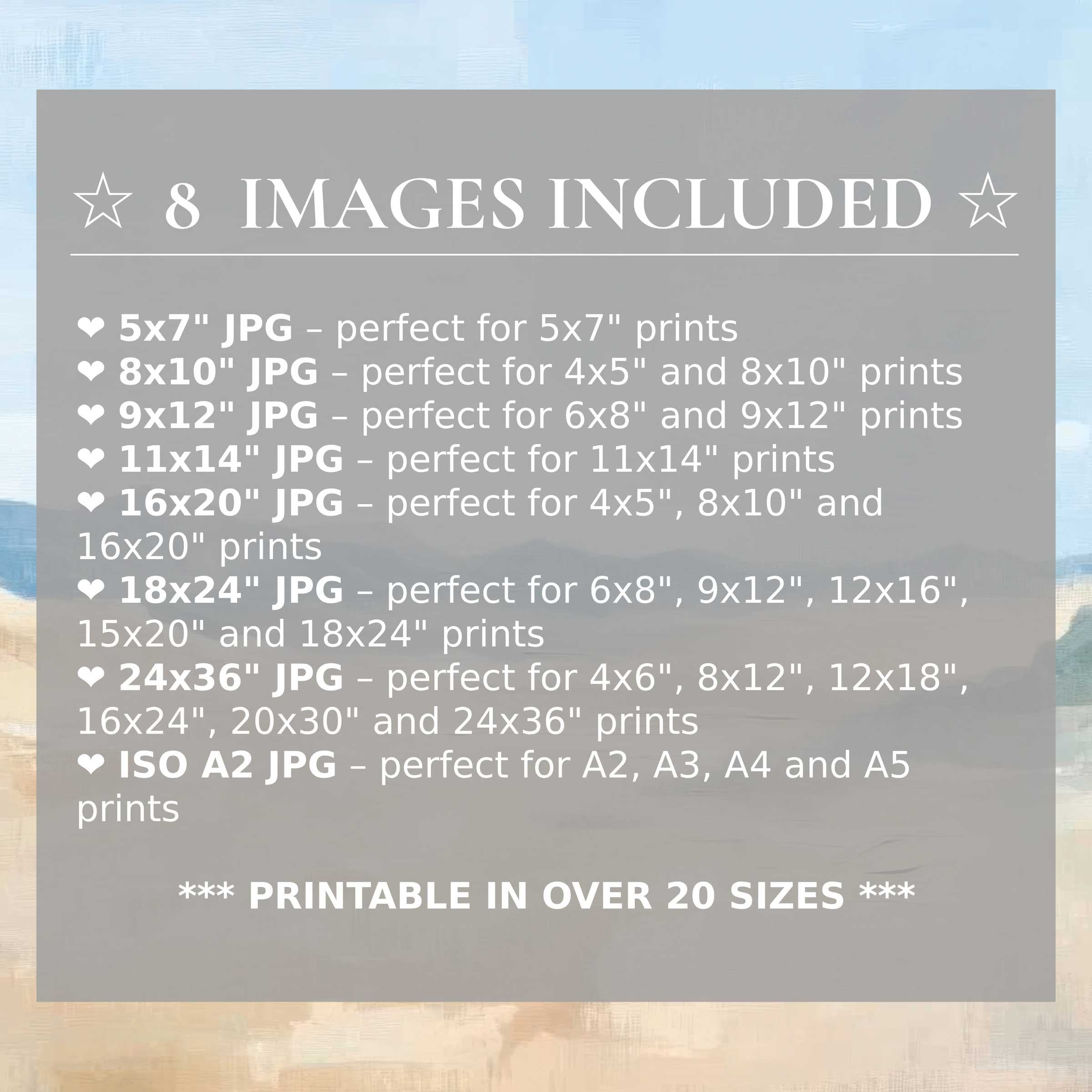 Landscape digital print radiates calming blues and warm earth tones, offered in 8 high-quality sizes included, enhancing modern interiors with versatile elegance