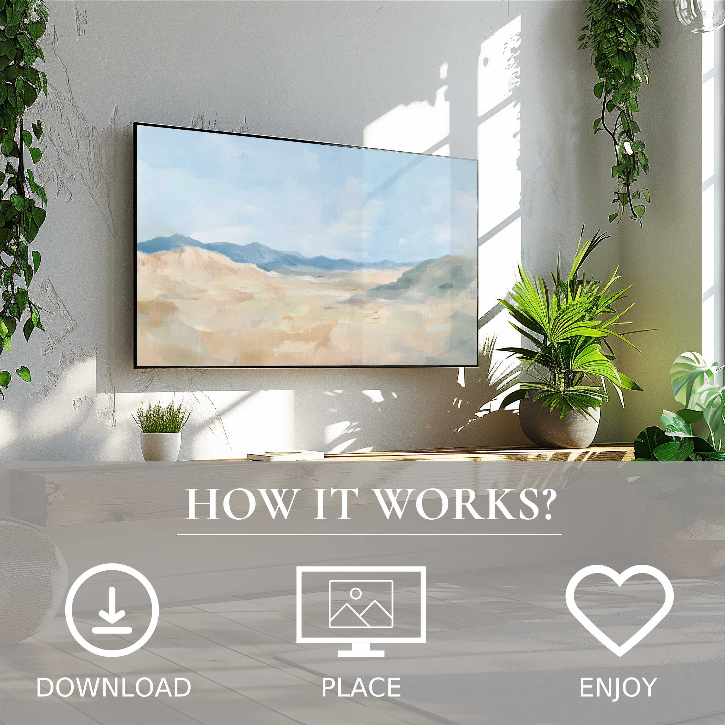 Modern living room with landscape art for Samsung TV, soft desert tones, easy digital download, enriches your space