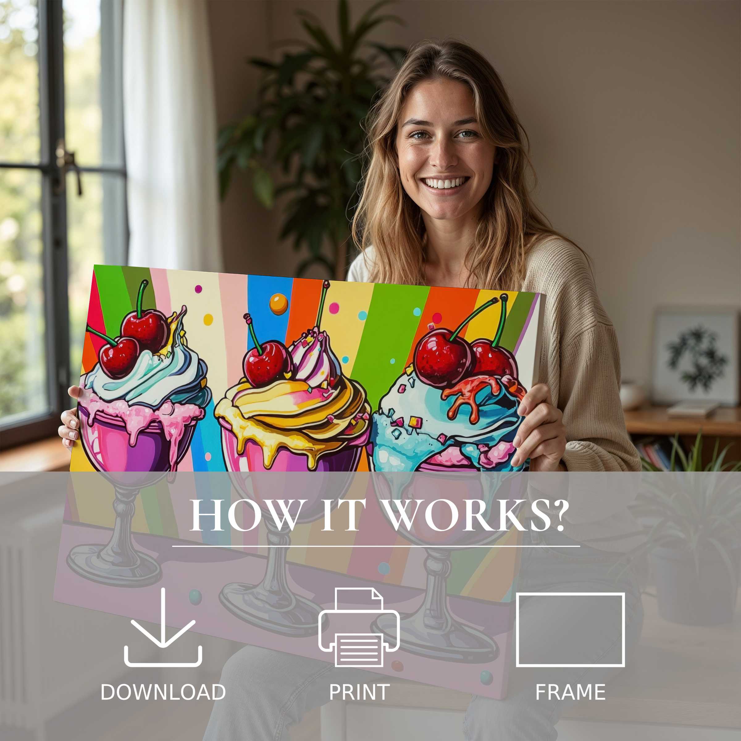 Radiant pop art digital art print brightens a sunlit modern home, inviting joy and effortless elegance into everyday living