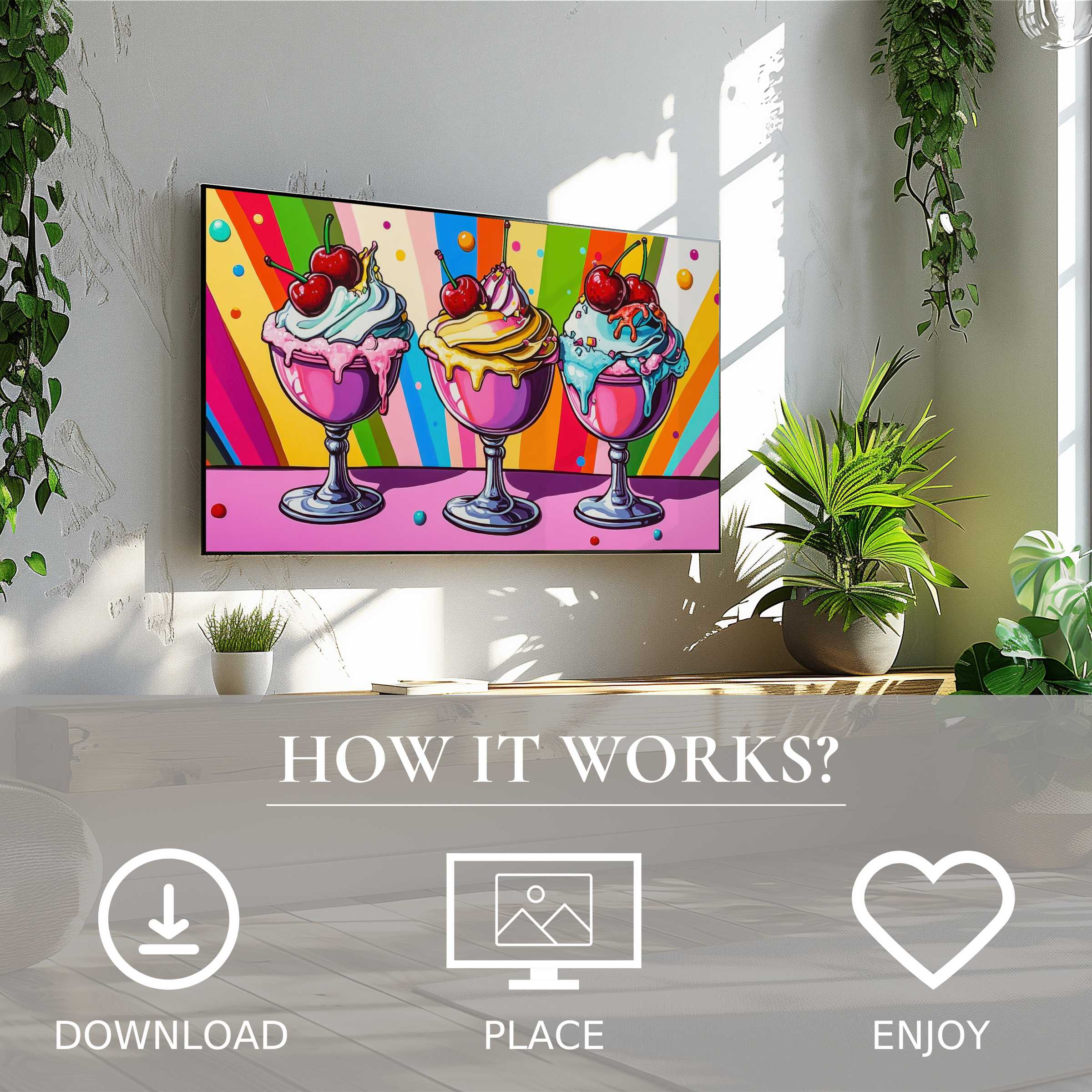Pop art art for Samsung TV featuring colorful ice cream motif, easy digital download enriches modern living spaces