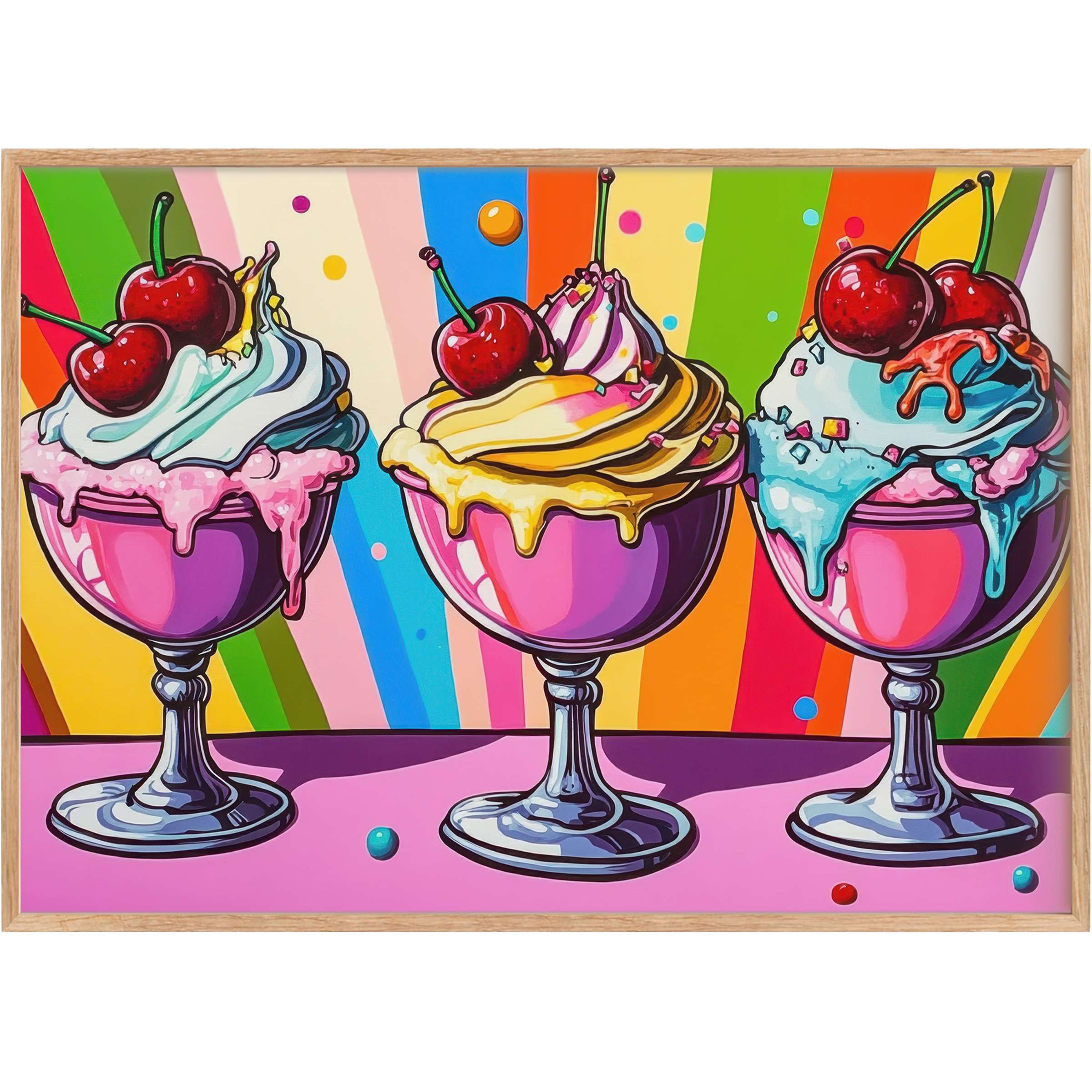 Vibrant pop art printable wall art featuring luscious ice cream sundaes in bold pinks, blues, and yellows, sparking playful joy