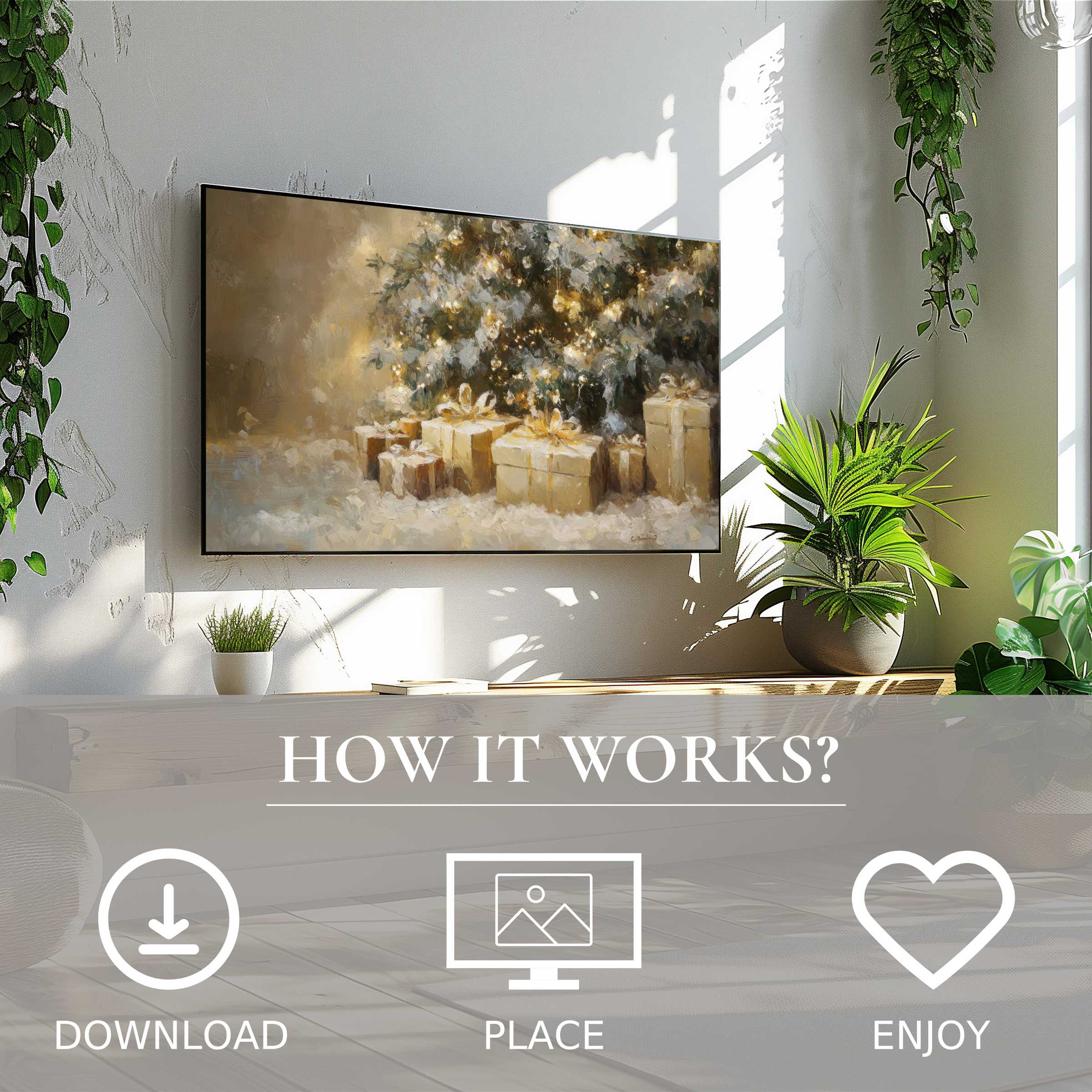 Modern living room with easy digital download Christmas art for Samsung TV, showing soft golden gift tones