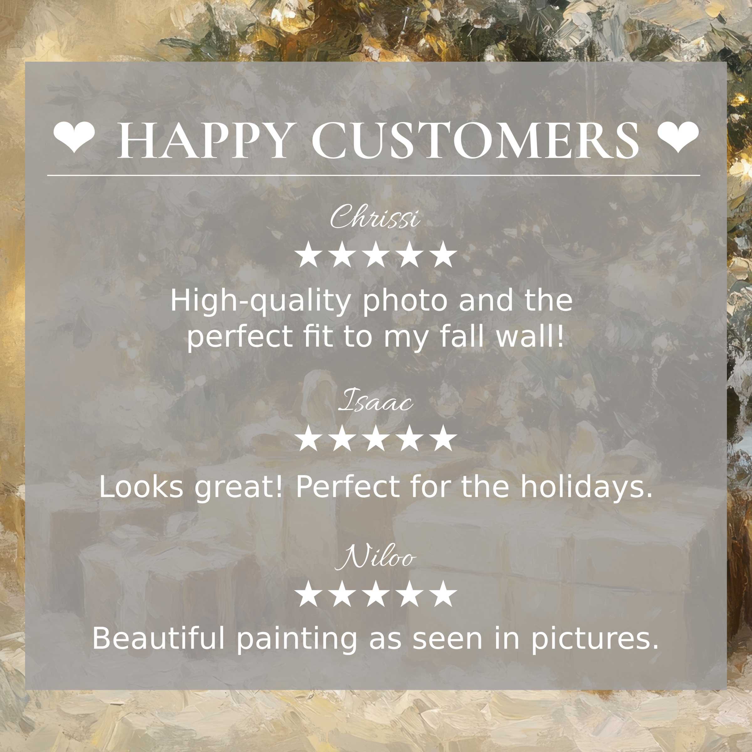 Elegant christmas art for Frame TV with abstract gold and cream tones, showcasing happy customer reviews and refined style