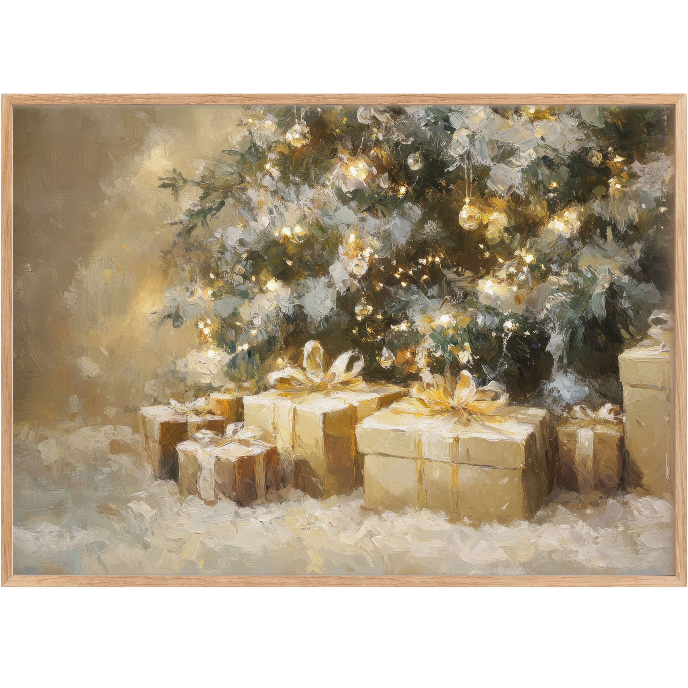 Christmas printable wall art featuring a radiant tree adorned with glowing lights and elegant gold gifts, creating a warm, festive ambiance