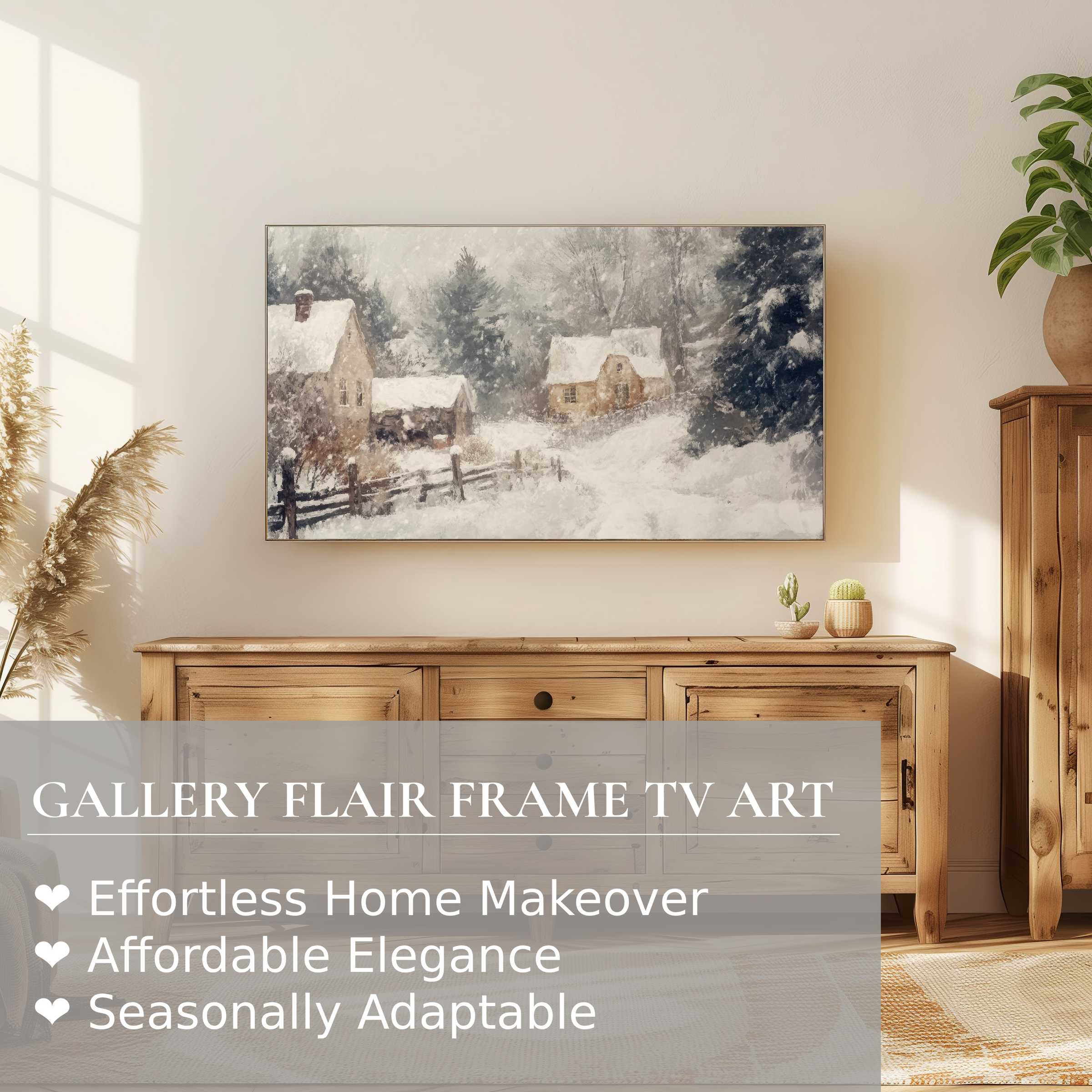 Samsung Frame TV displays serene winter digital artwork, blending rustic charm with modern elegance in a cozy living space
