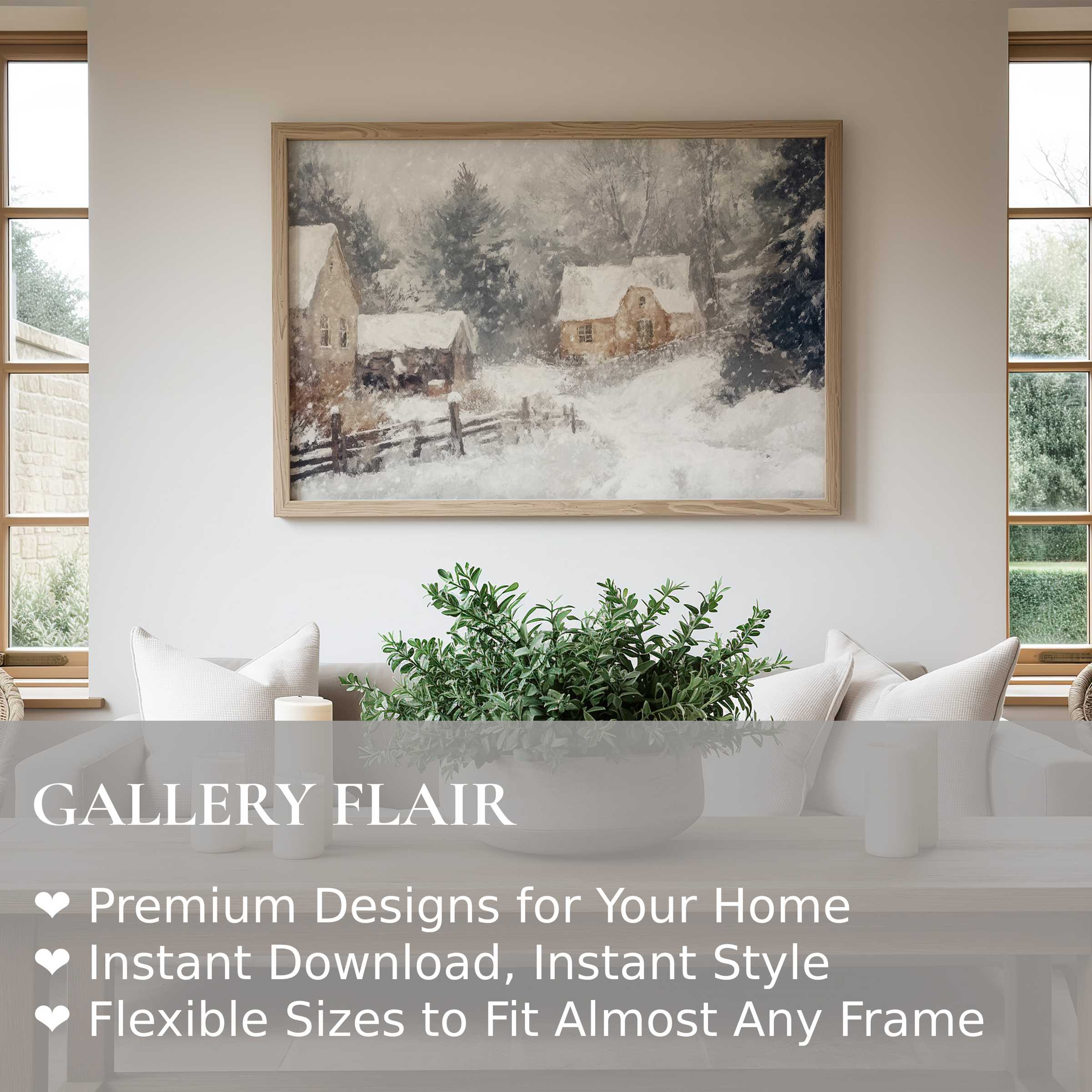 Winter wall art print capturing a serene snow-covered cottage scene, radiating calm in a modern farmhouse living room