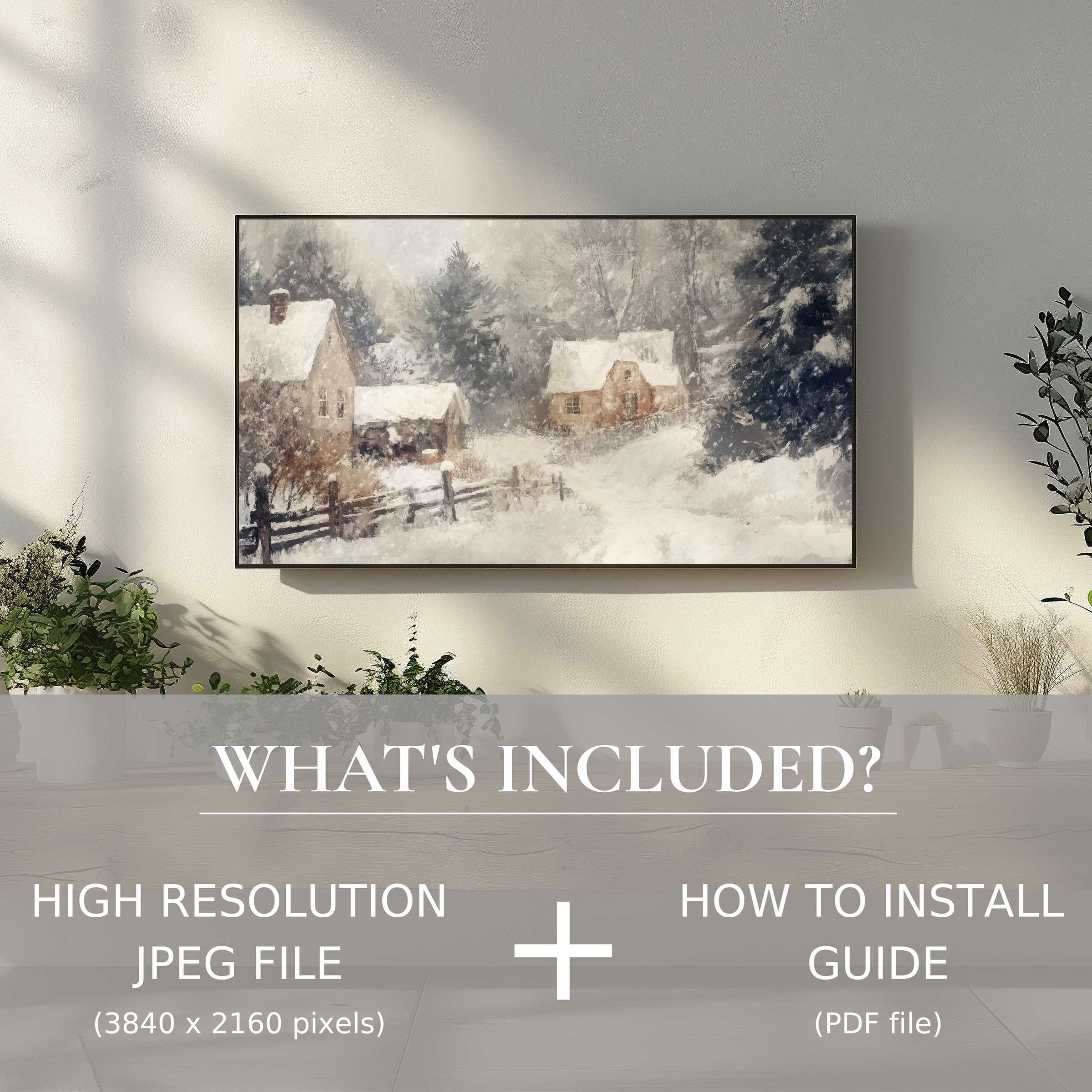 Elegant winter digital TV art download featuring a serene snowy village, enhancing living spaces with easy digital use
