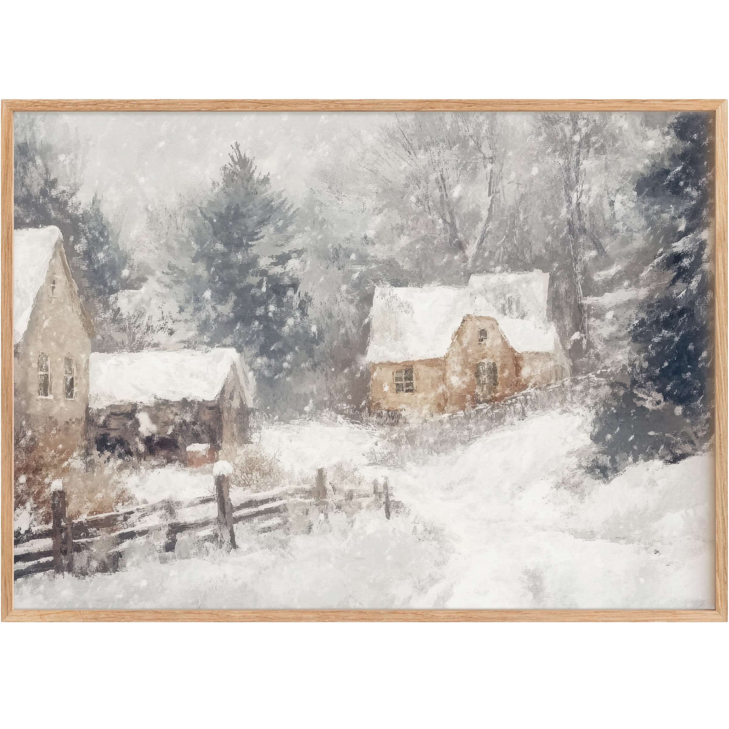 Winter printable wall art capturing a serene snowy village scene, blending soft grays and warm earth tones for a calming, elegant ambiance