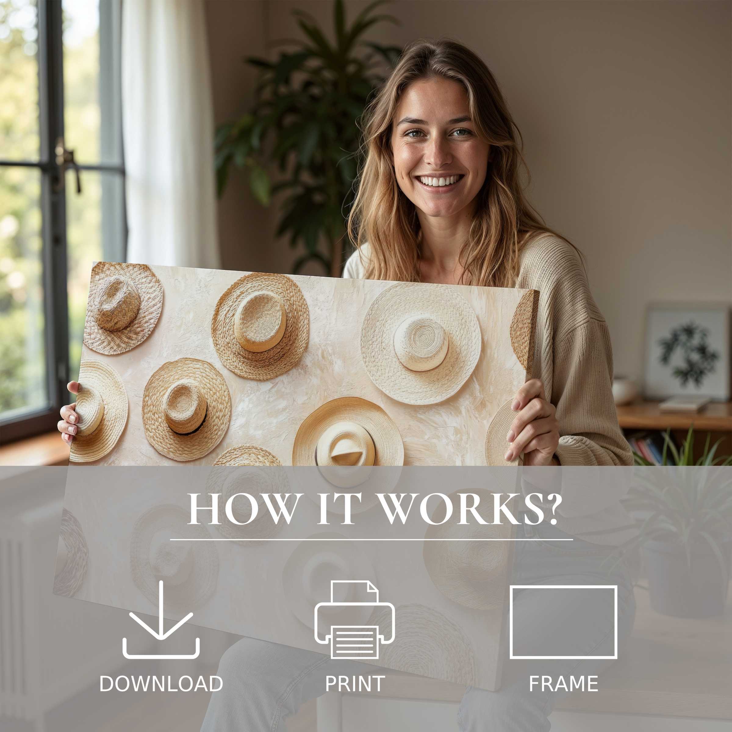 Radiant woman in a modern home joyfully shares a boho digital art print, embodying serene elegance and effortless style