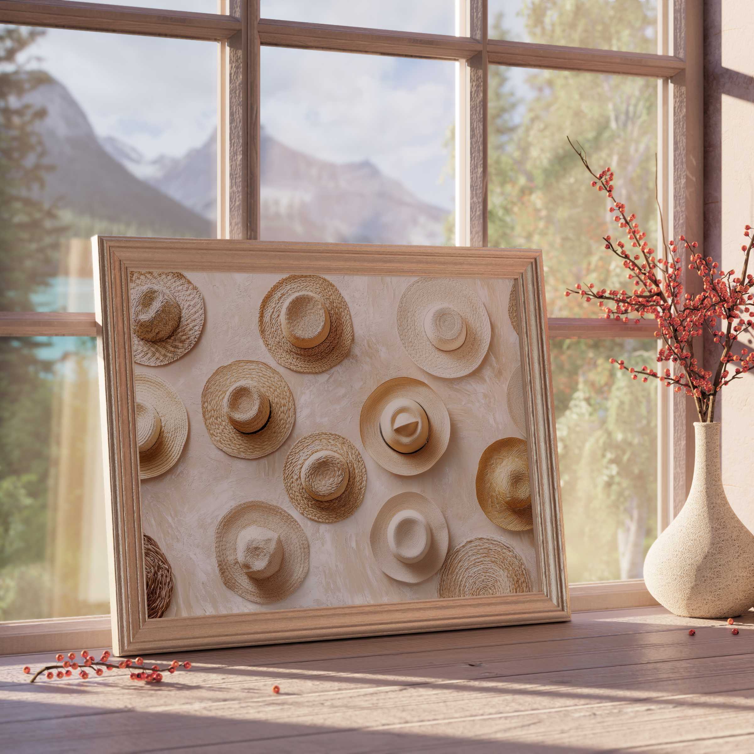 Boho downloadable art featuring textured straw hats, enriching serene, sunlit interiors with earthy charm and timeless elegance