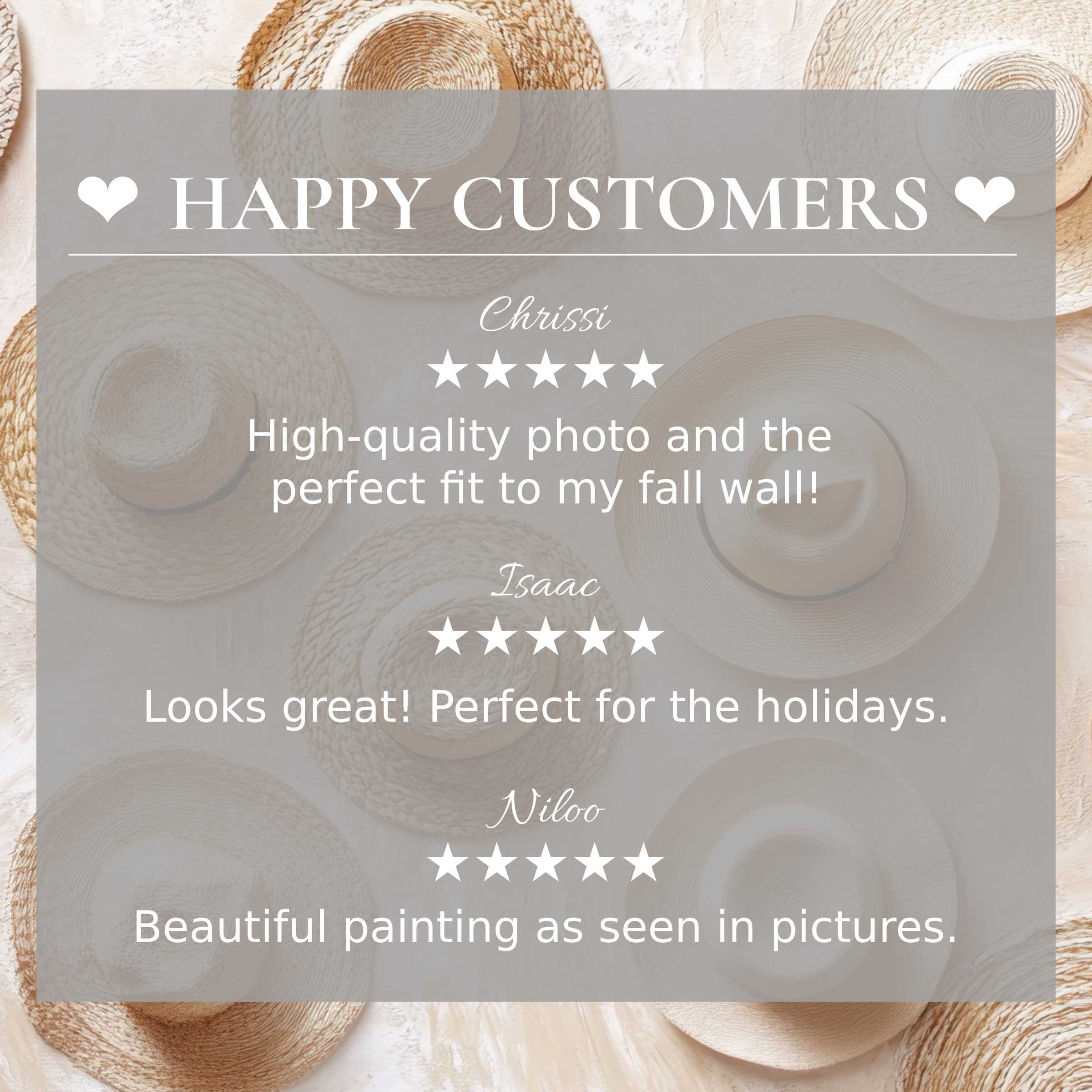 Boho art for Frame TV with abstract neutral hats background, showcasing happy customer reviews and refined style