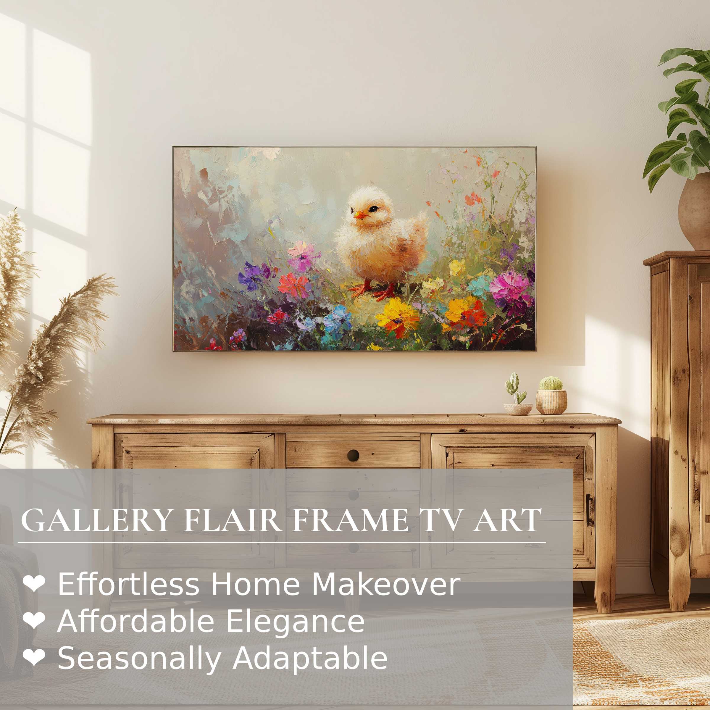 Samsung Frame TV displaying elegant easter digital artwork of chick in vibrant floral setting, perfect for refined decor