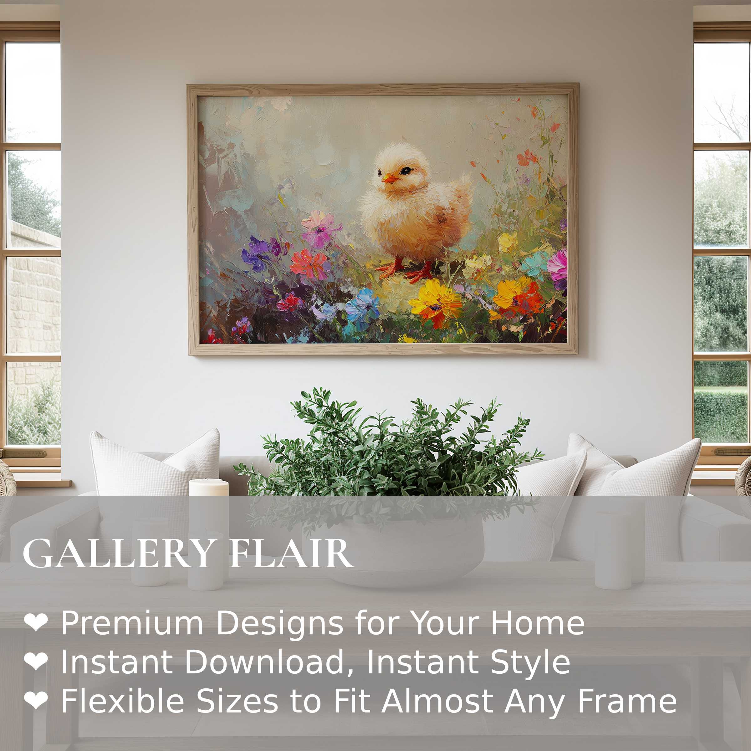 Easter wall art print featuring a radiant chick amidst vibrant spring blooms, enhancing modern farmhouse interiors with warmth and charm