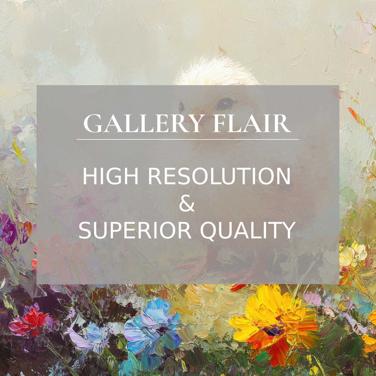 Easter printable art featuring delicate chick and vibrant floral strokes, radiating a serene, high-resolution elegance that enriches modern interiors
