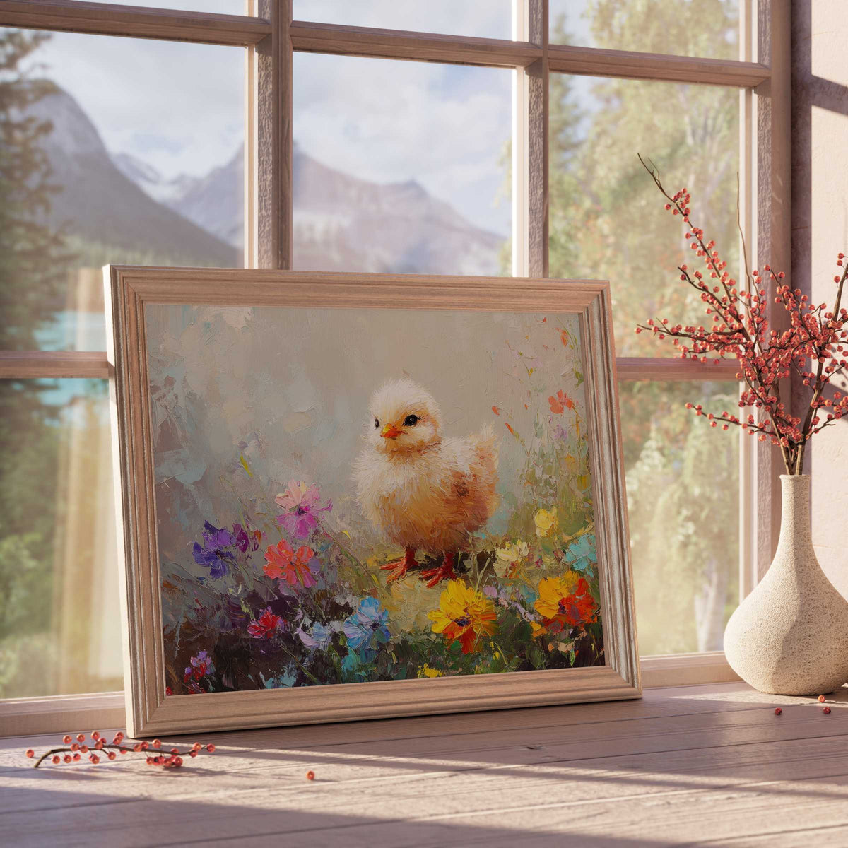 Easter downloadable art featuring a delicate chick amid vibrant spring blooms, elevating serene, curated interiors