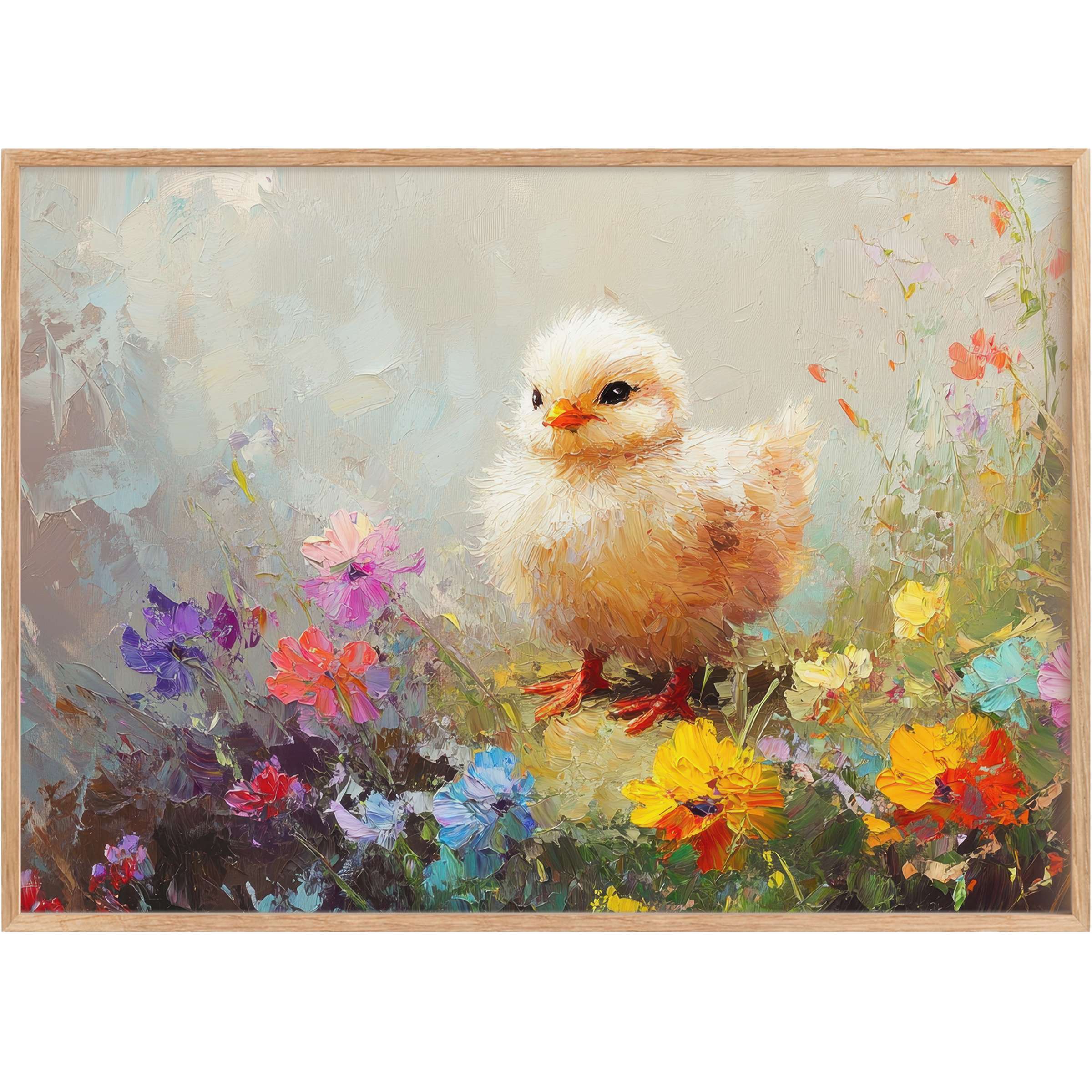 Radiant easter printable wall art featuring a fluffy chick amidst vibrant wildflowers, evoking warmth and joyful spring elegance