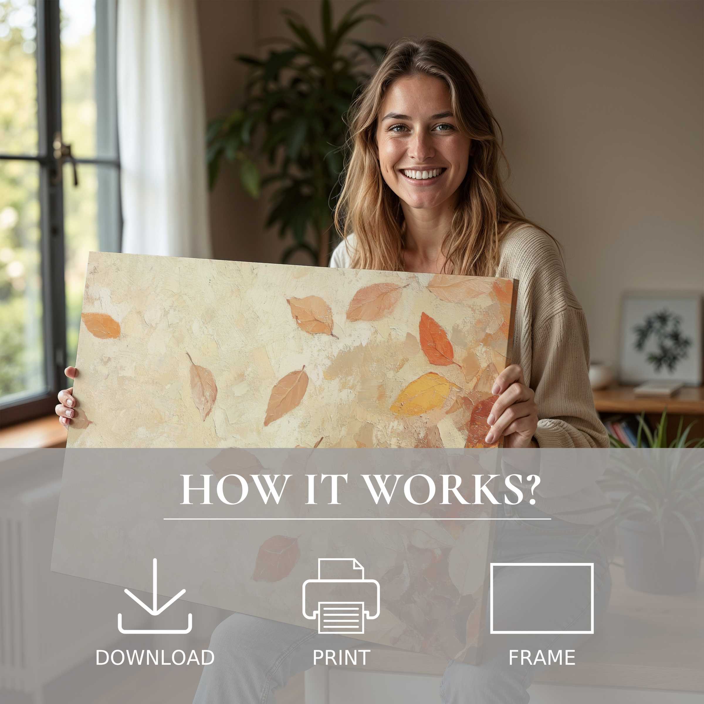 Radiant fall digital art print embraced joyfully in a chic, sunlit home, blending warmth and effortless elegance