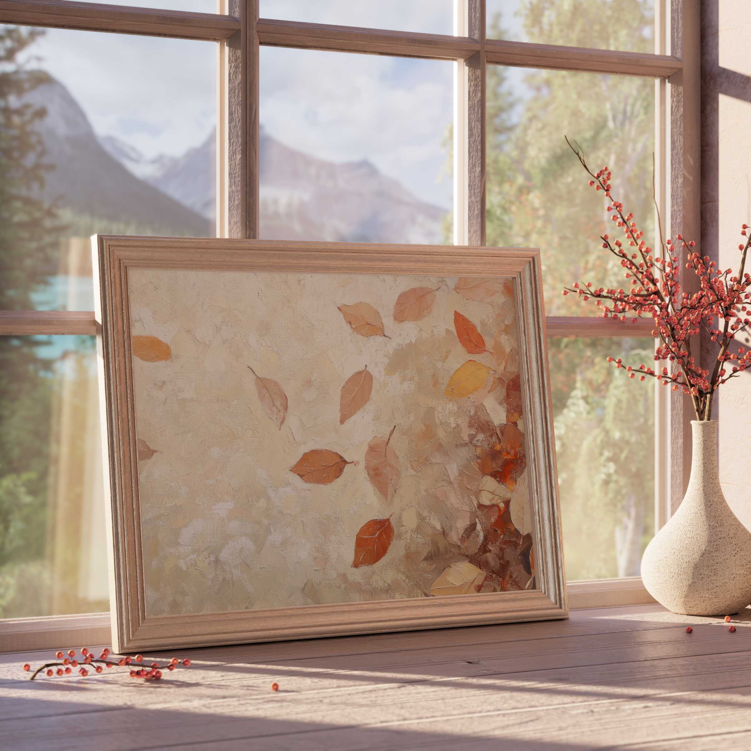 Elegant fall downloadable art with warm amber leaves, enriching serene interiors with cozy, curated seasonal charm and timeless style