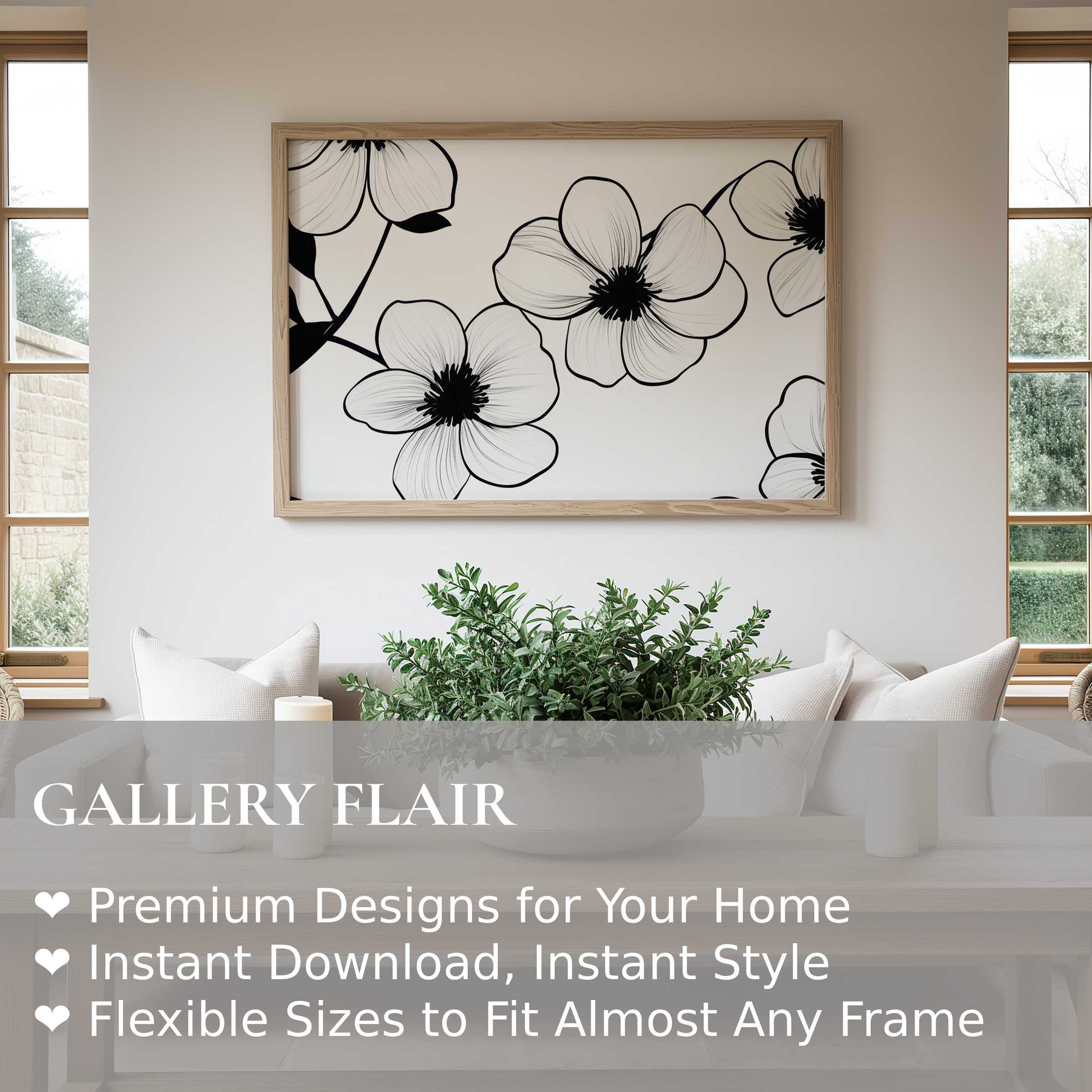 Black and white wall art print featuring delicate floral outlines, adding serene elegance to a modern minimalist living space