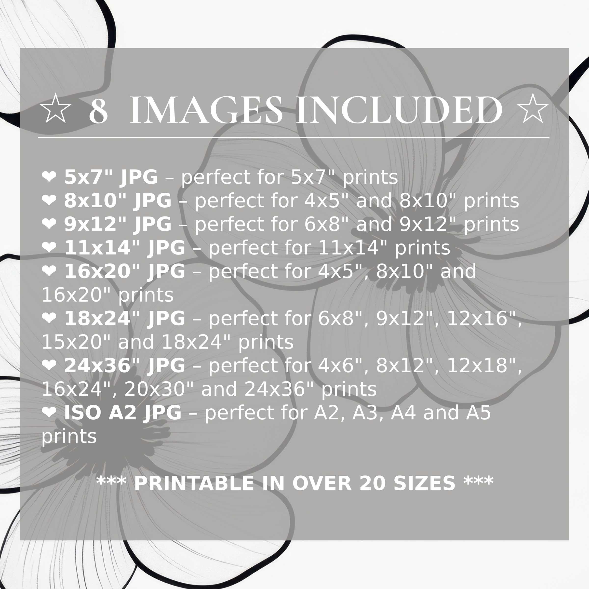 Elegant black and white digital print with radiant floral contrasts, delivered in 8 premium sizes for seamless modern decor elevation