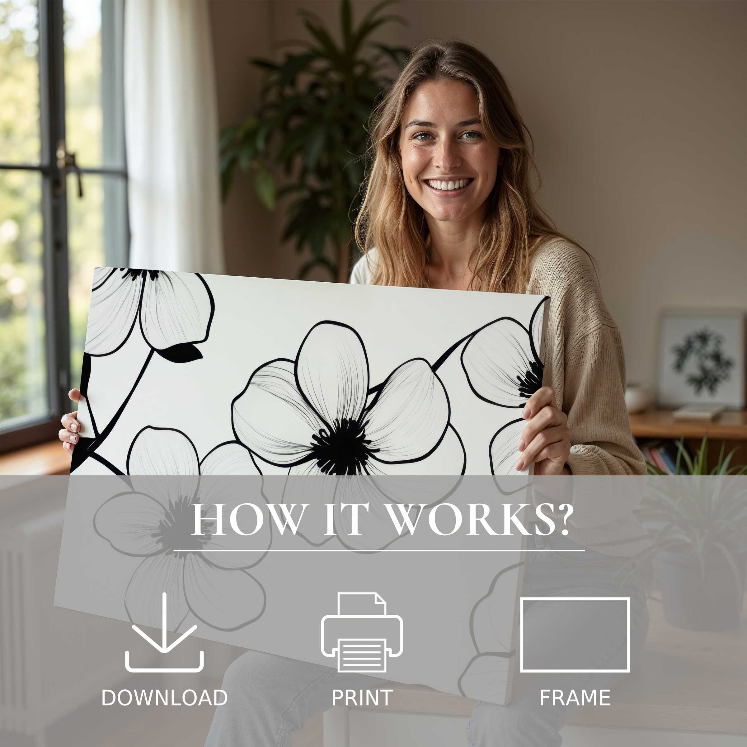 A serene moment of joy and connection captured as a woman embraces a black and white digital art print, embodying effortless elegance and the transformative beauty of living with art in a stylish modern home