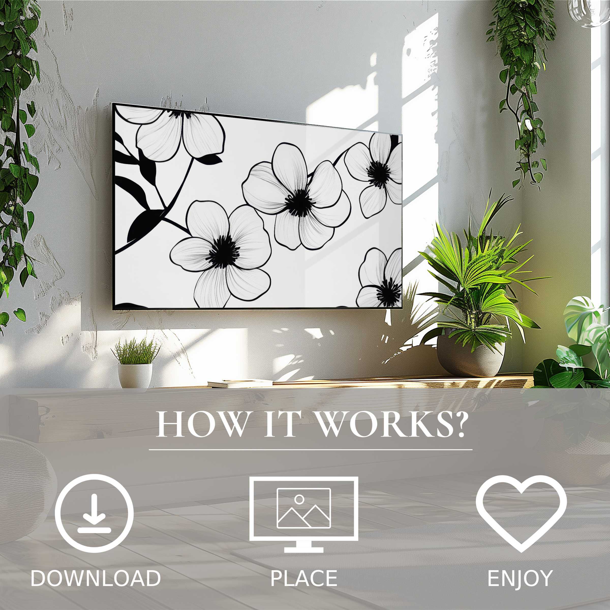 Black and white art for Samsung TV shows delicate floral lines, easy digital download enriches modern living spaces