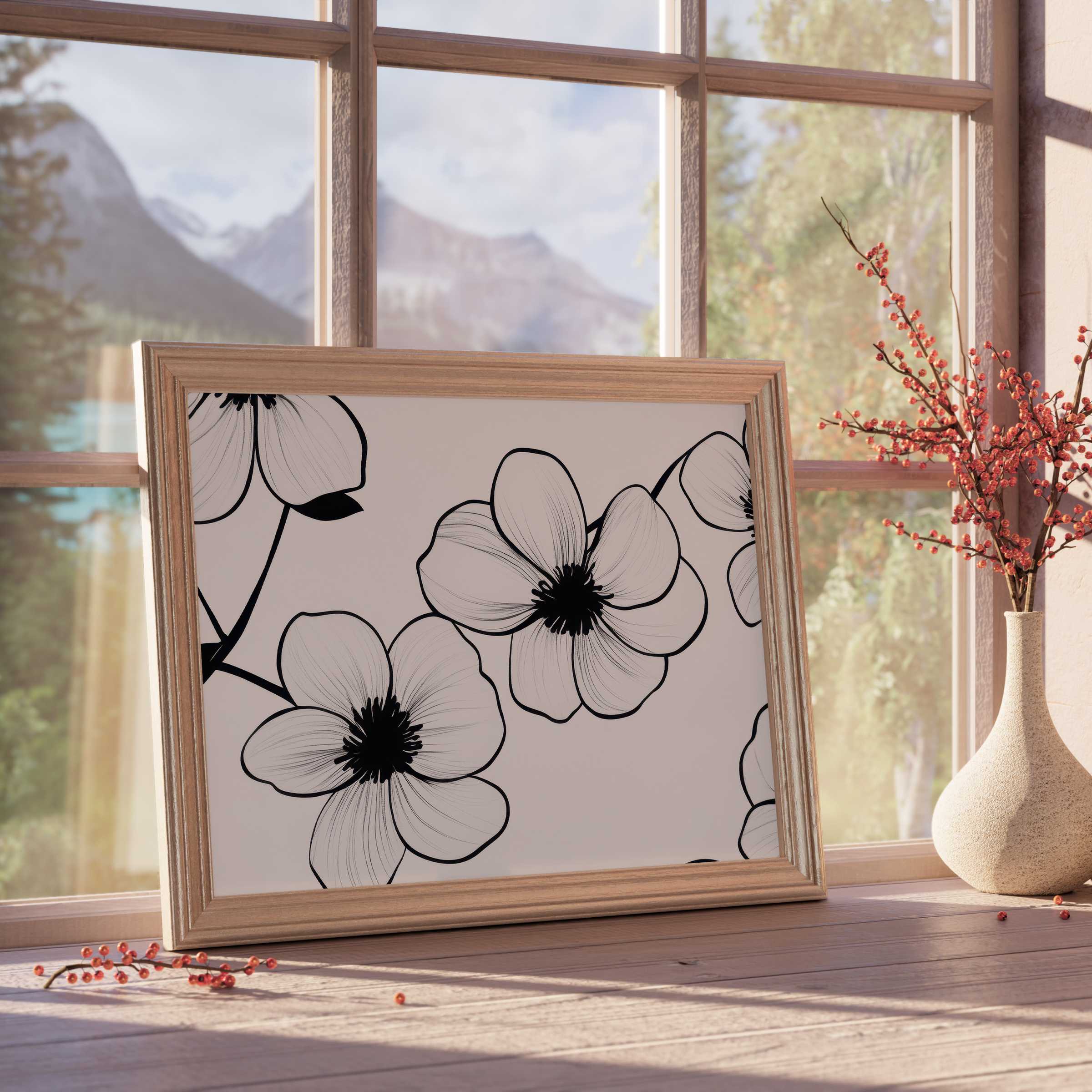 Elegant black and white downloadable art featuring delicate floral silhouettes in a serene, curated space with soft natural light
