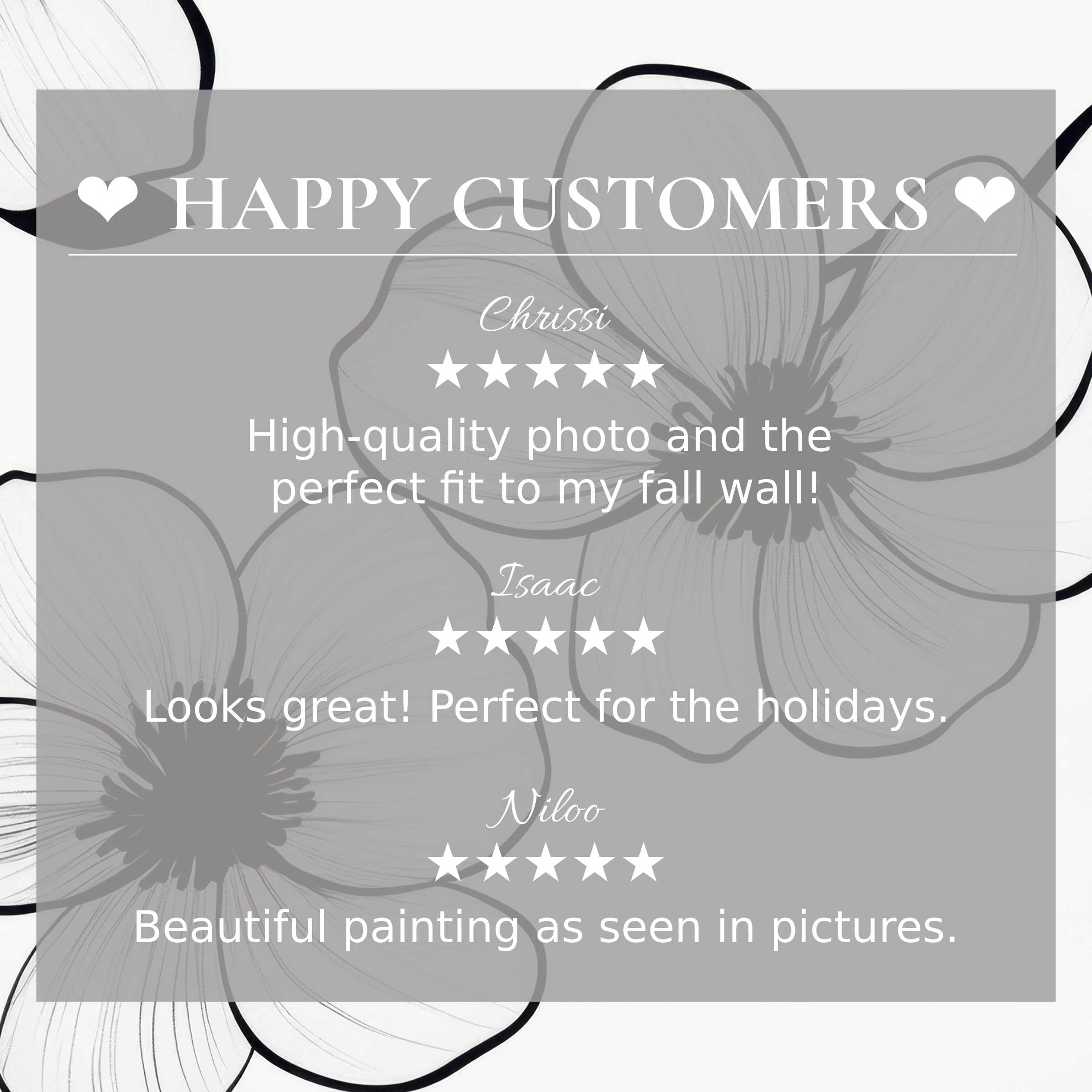 Black and white art for Frame TV with floral background, showcasing happy customer reviews and elegant trust-building design