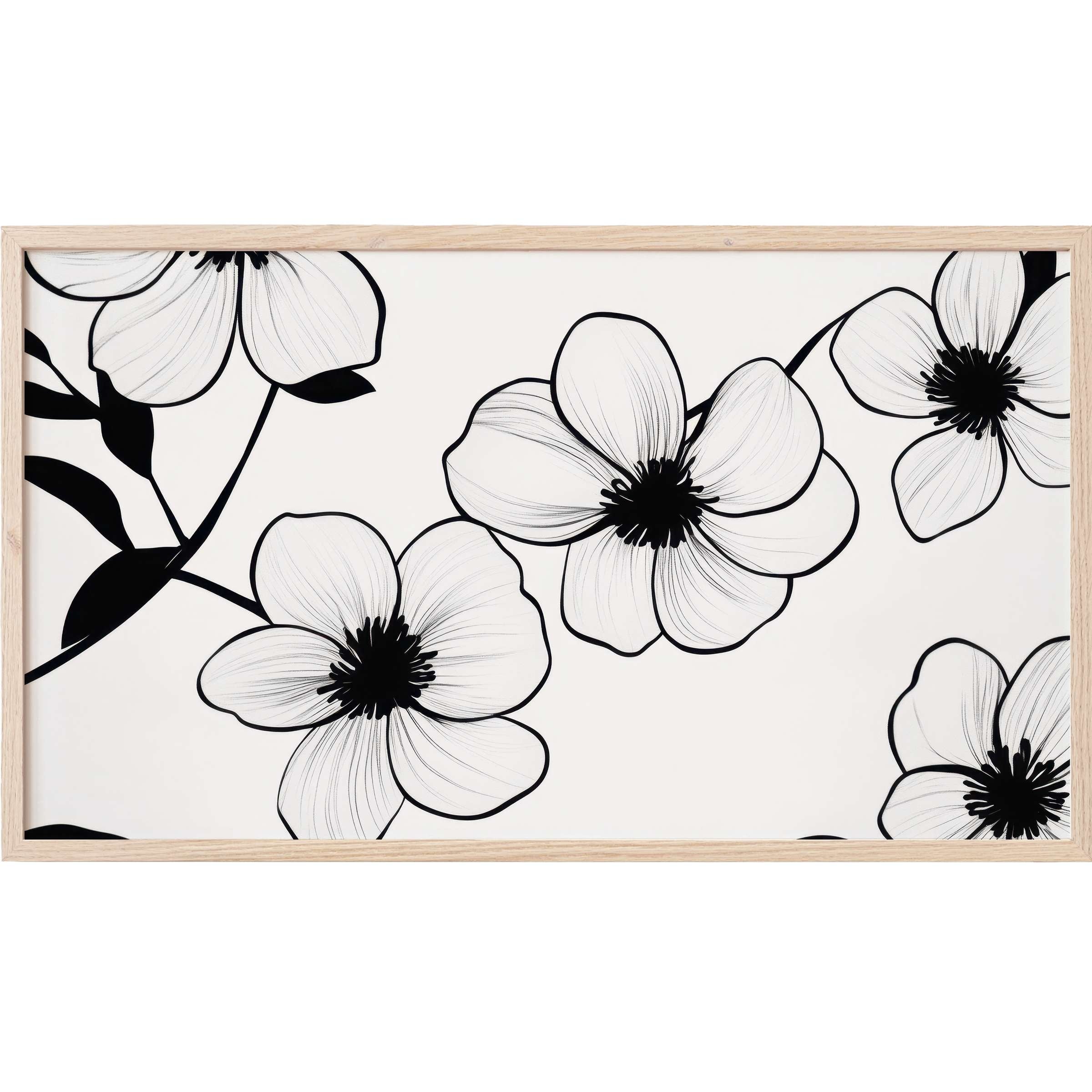 Elegant black and white floral line art with soft shading in a natural wood frame, perfect black and white Frame TV Art