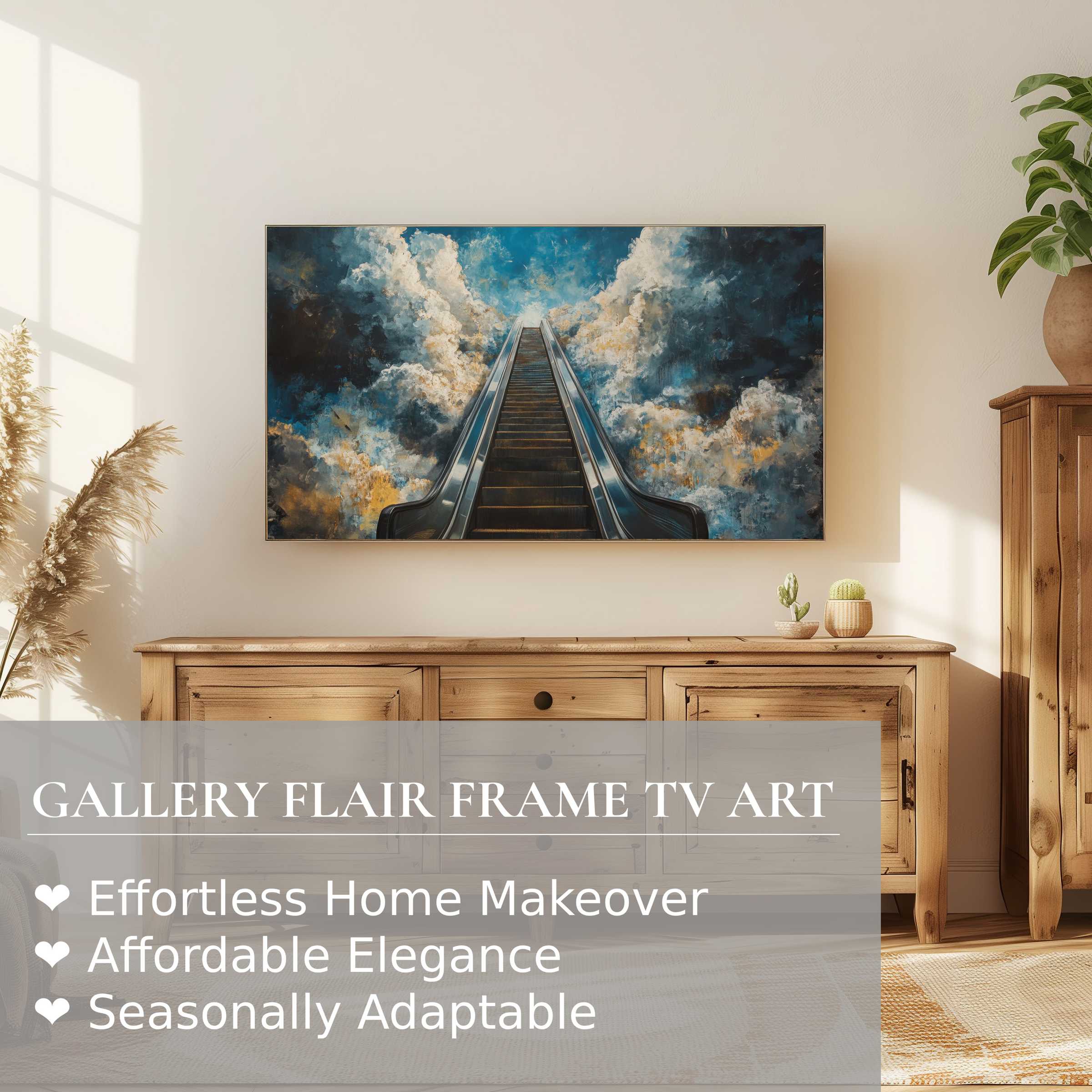 Samsung Frame TV displays a street art digital artwork of an escalator to heaven in a serene modern lounge