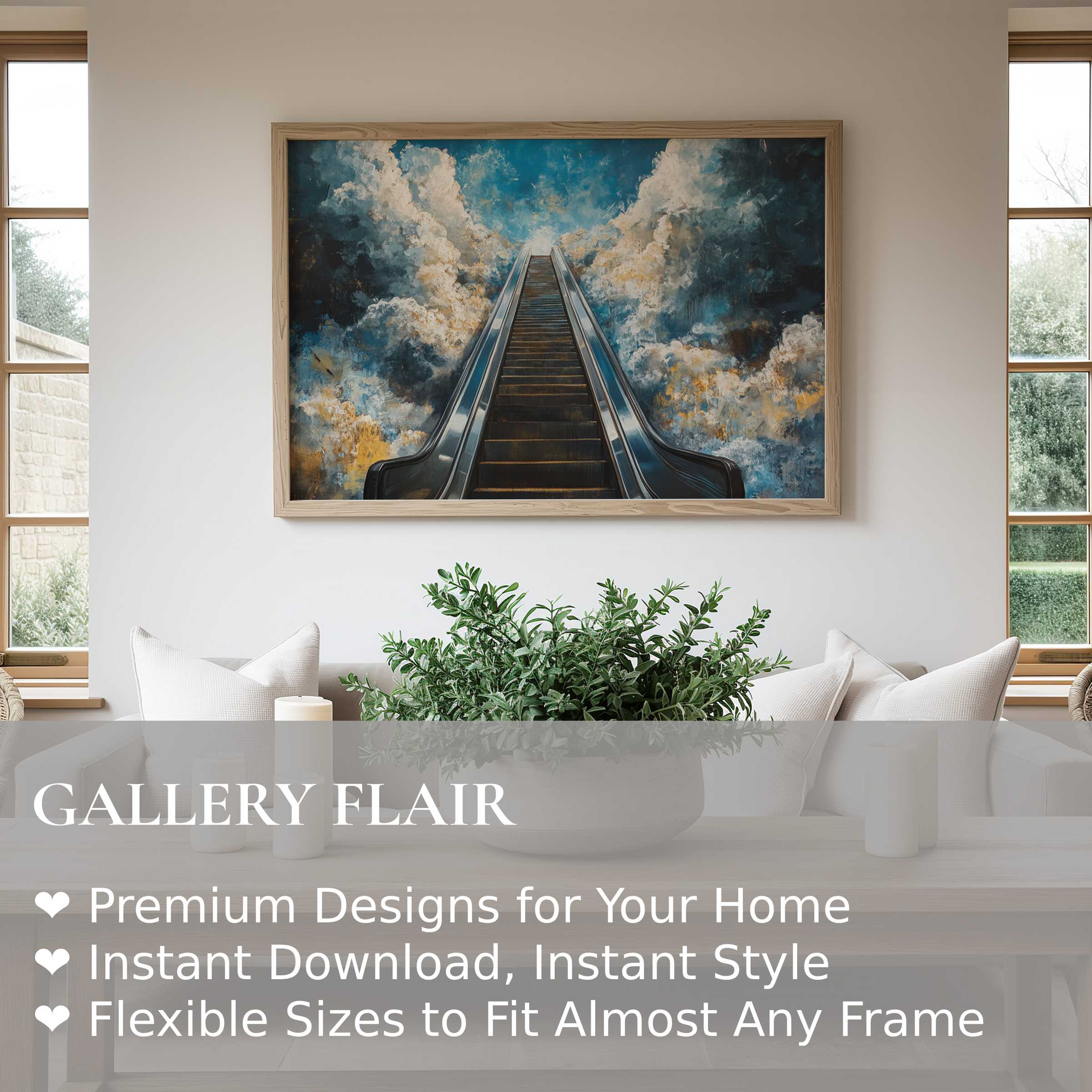 Street art wall art print of an ascending escalator into vibrant, moody clouds, elevating modern minimalist interiors with bold, captivating drama