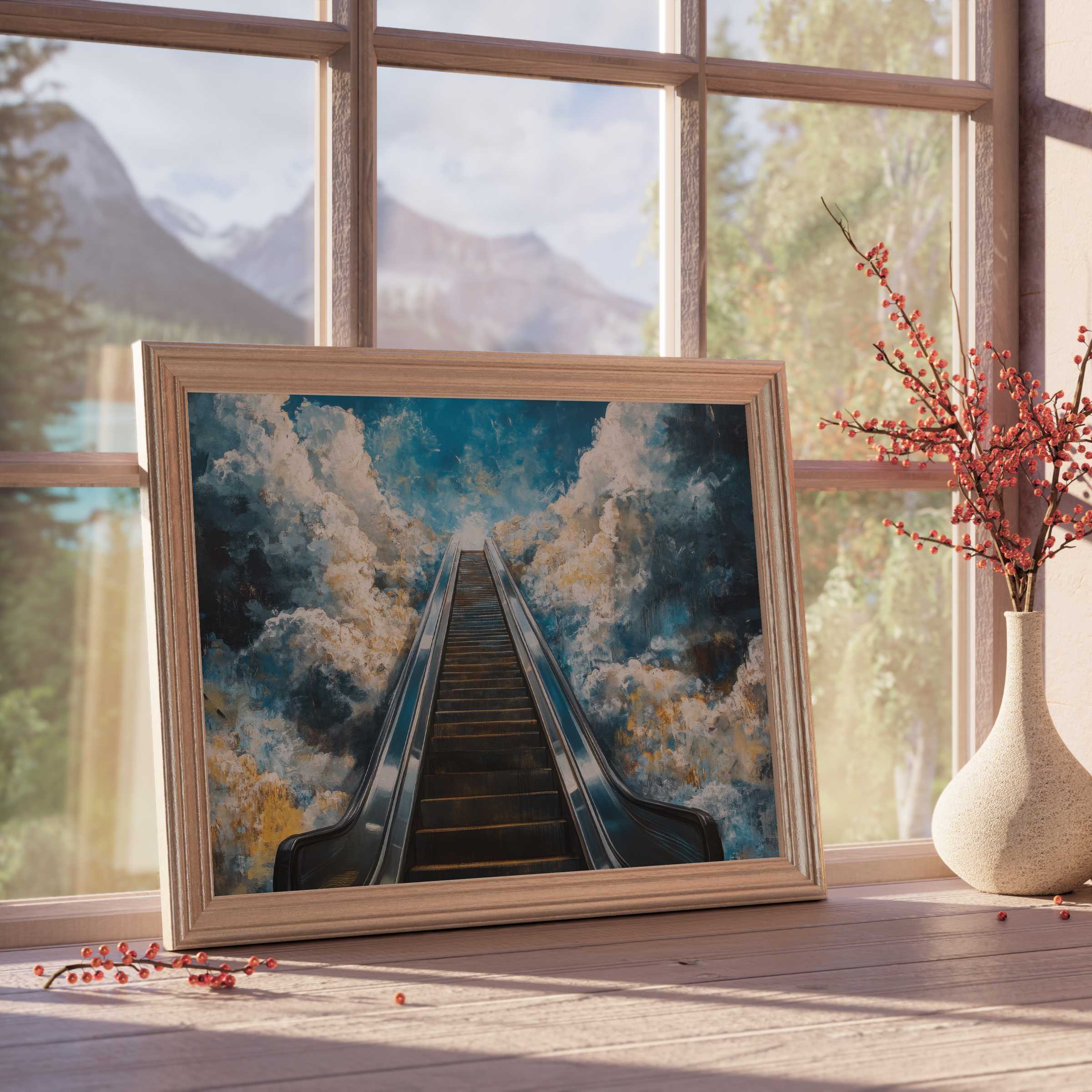Mesmerizing street art downloadable art of an escalator ascending through ethereal clouds, evoking calm, airy tranquility for chic, curated interiors