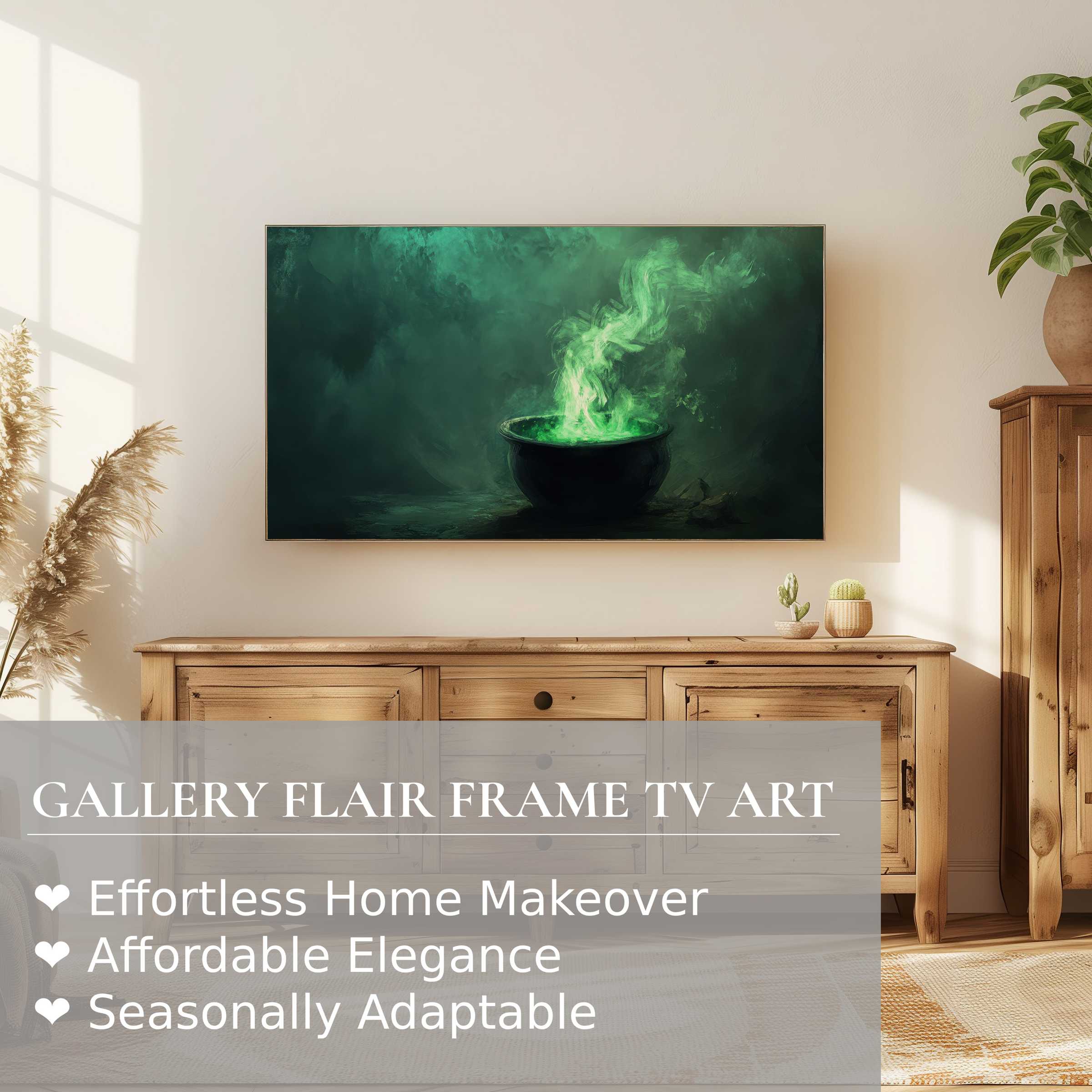 Modern Halloween digital artwork of a green smoky cauldron on Samsung Frame TV in a stylish, warm living room setting