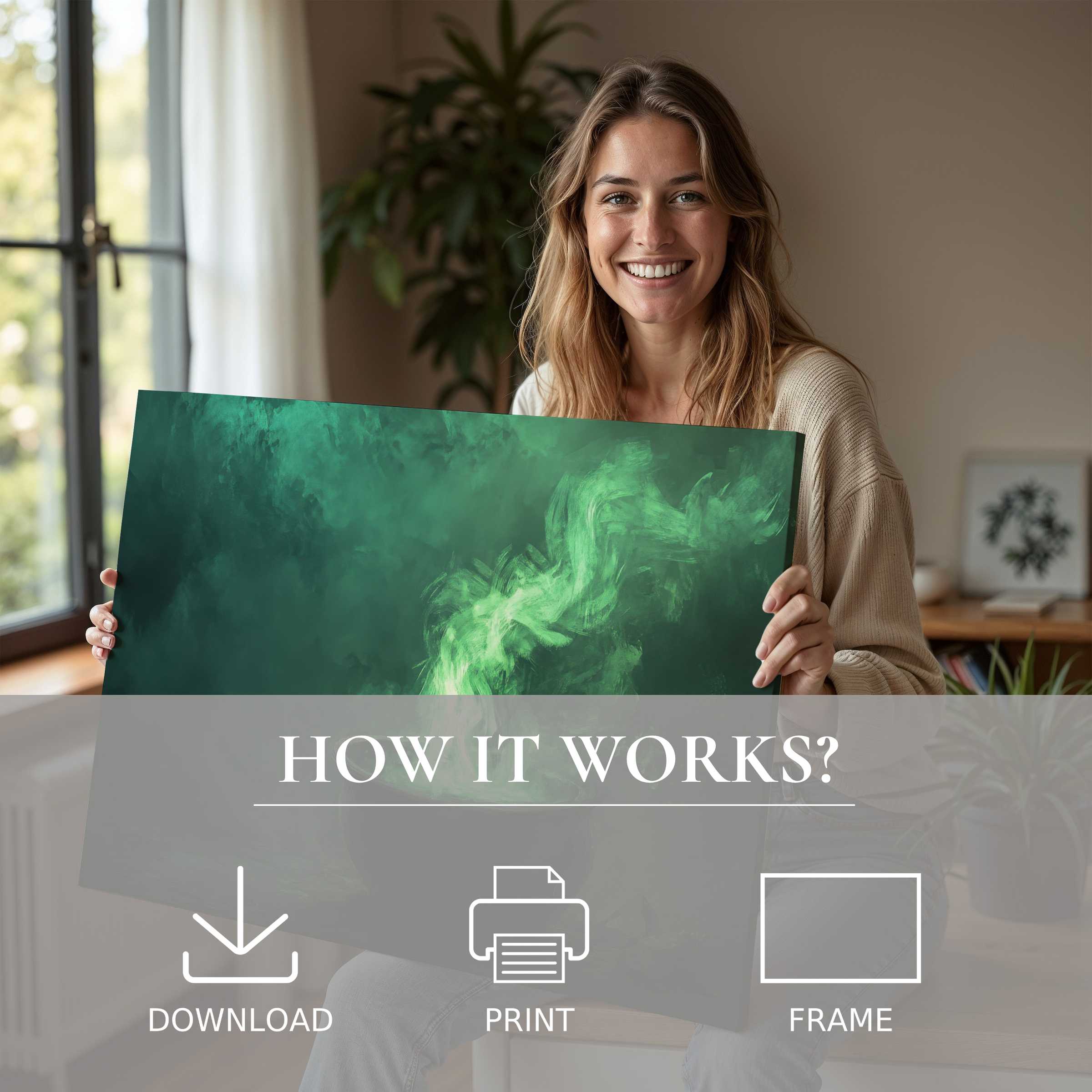 A serene moment of joy as a woman reveals a green-toned Halloween digital art print, enriching her modern home’s ambiance