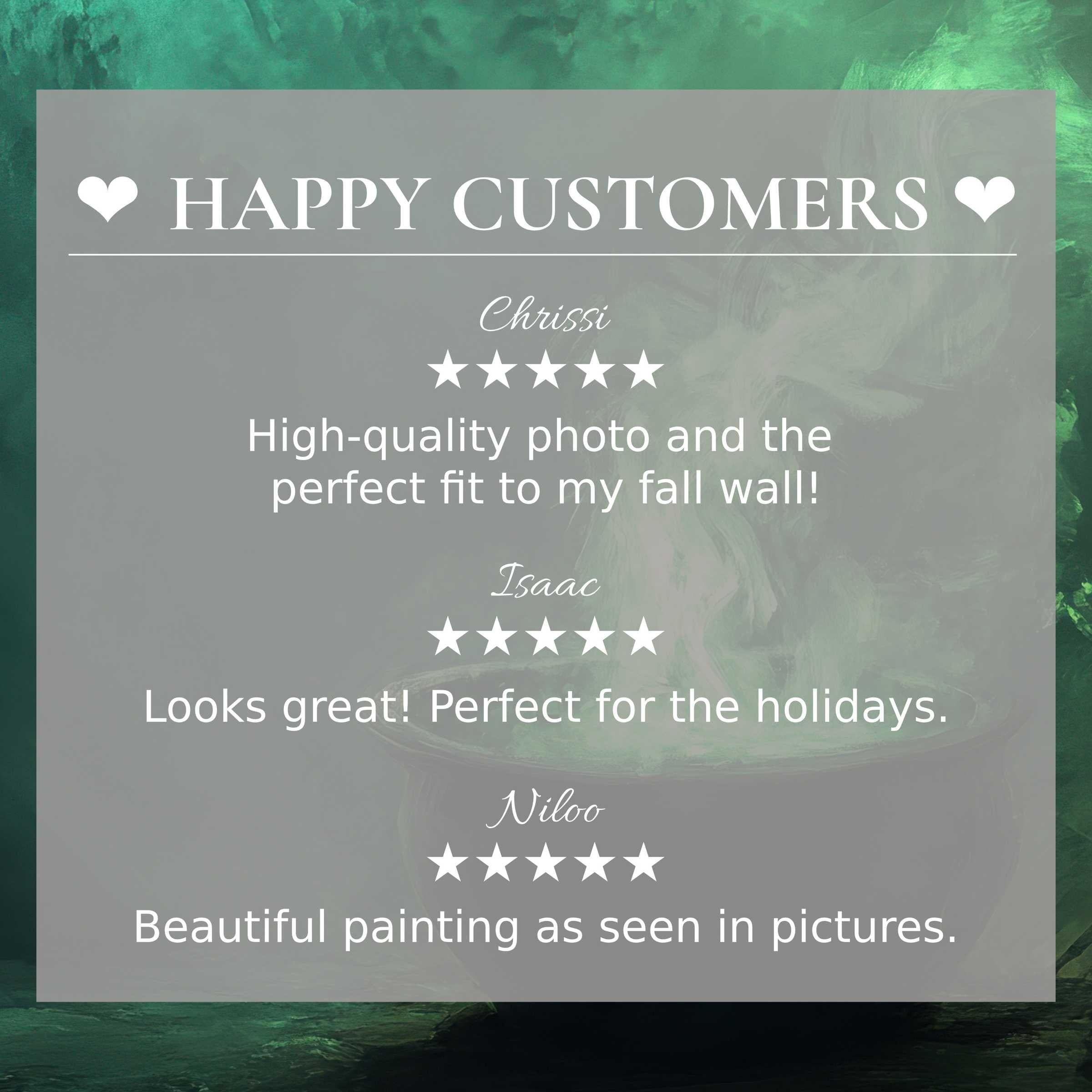Elegant halloween art for Frame TV with abstract green smoke background; layout inspires trust through happy customer reviews