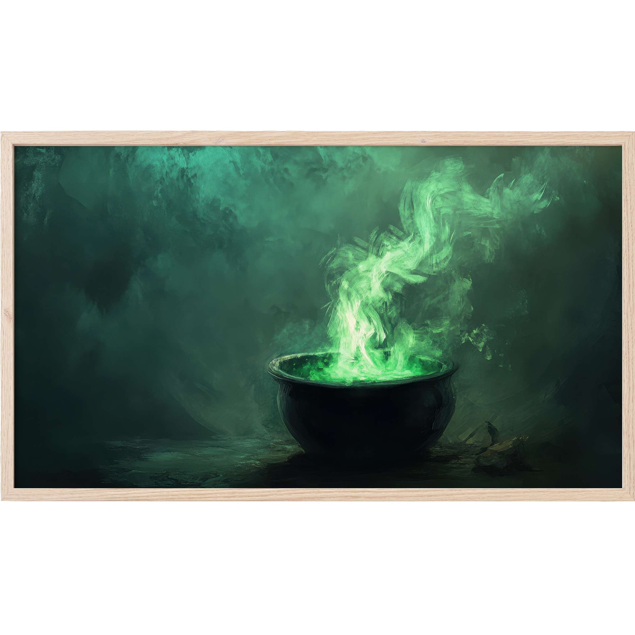 Mystical black cauldron with glowing green smoke in a dark, moody backdrop - halloween Frame TV Art for chic decor