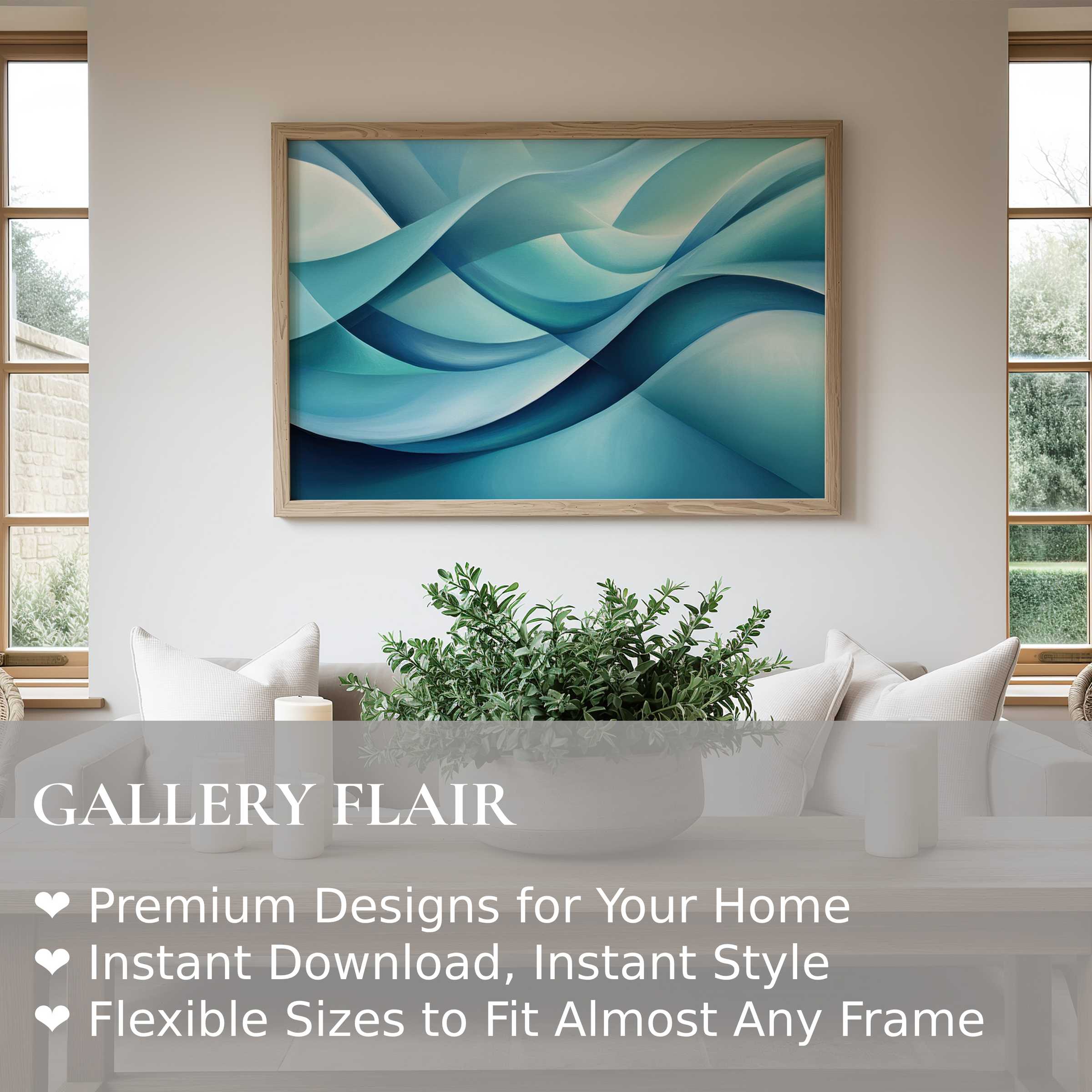 Abstract wall art print in soothing blue tones with flowing curves creates a radiant, calming focal point in a modern minimalist living space