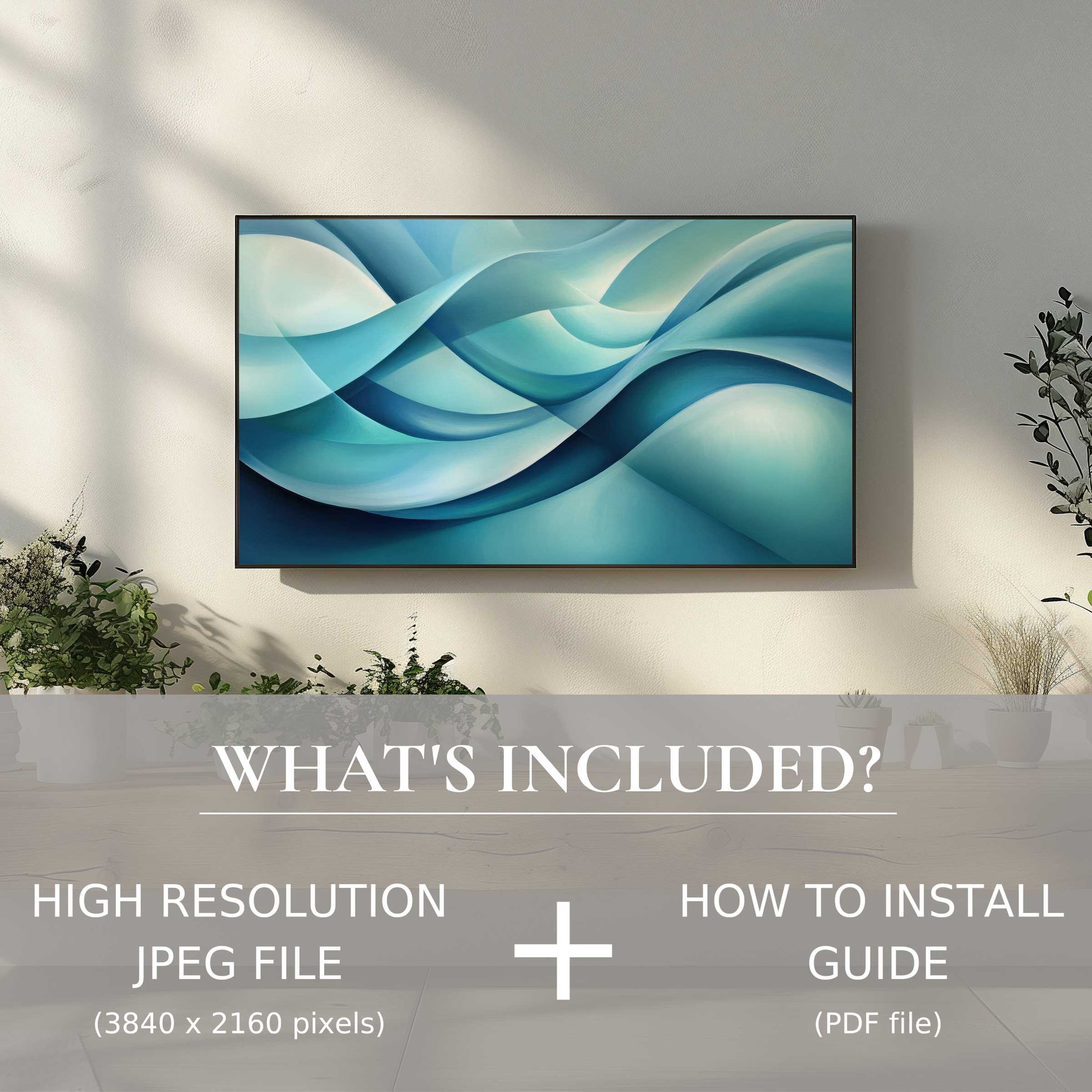 Elegant abstract digital TV art download in soothing blues, easy to use, enhances any modern living space digitally