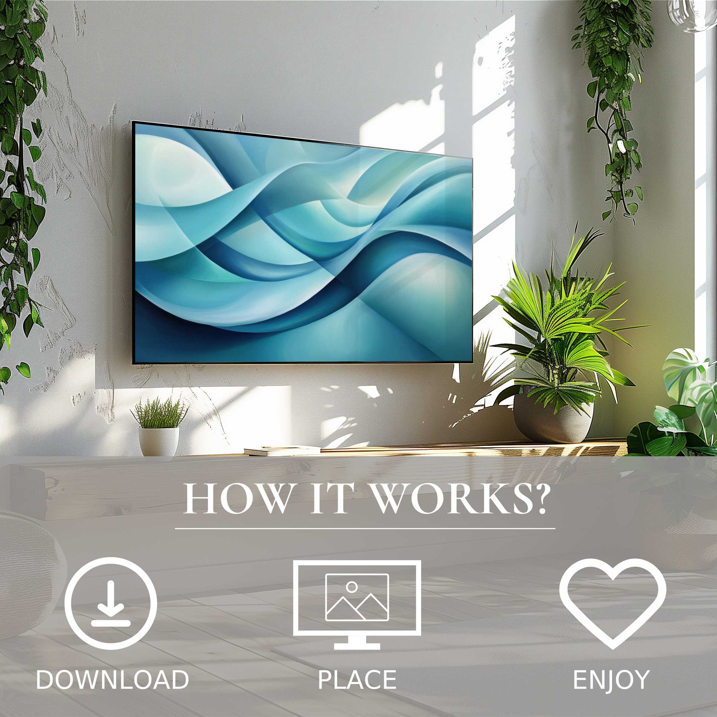 Abstract art for Samsung TV in serene living room with easy digital download; flowing blue waves enrich modern spaces
