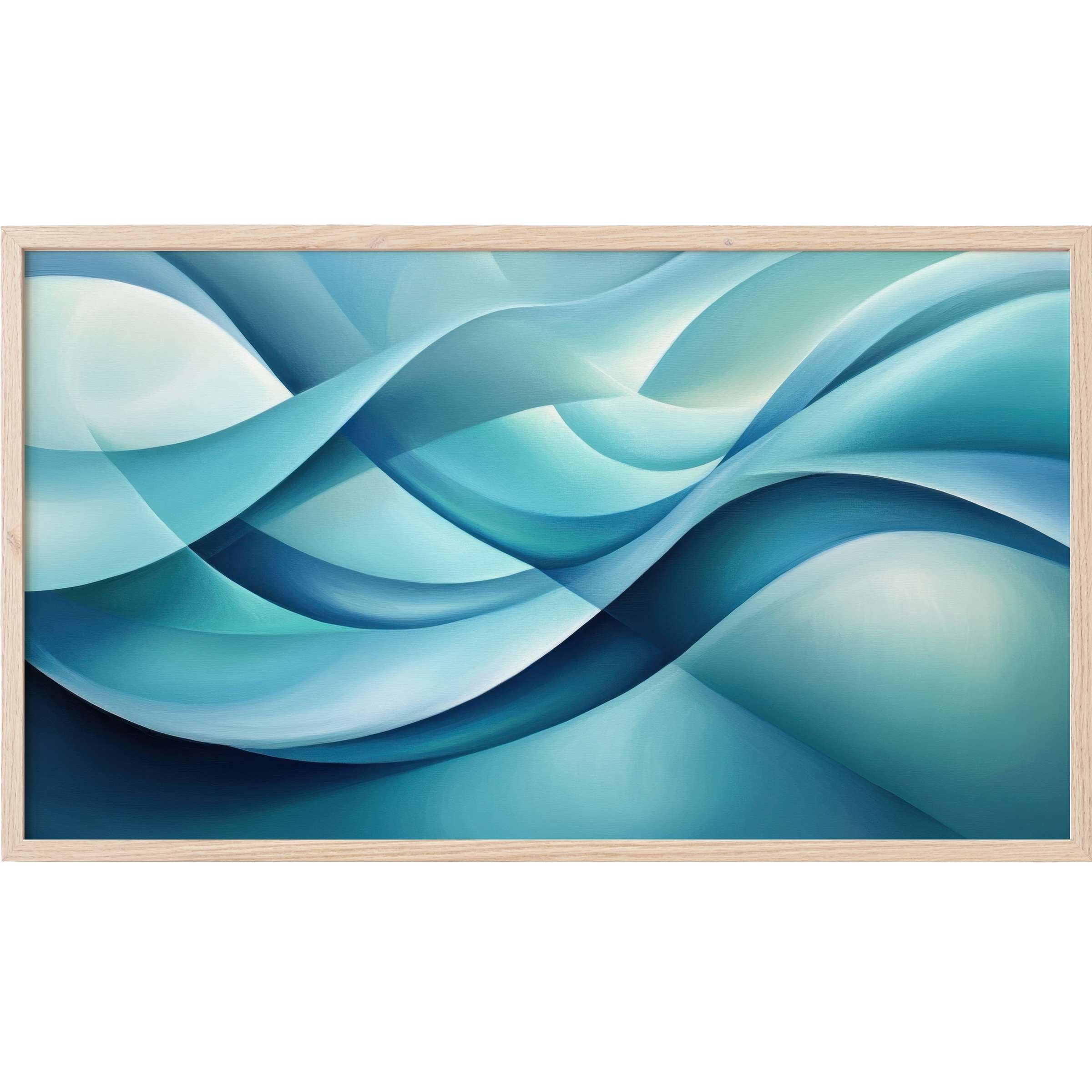 Elegant abstract Frame TV Art with fluid, layered waves in soothing blues and soft gradients, framed in light wood